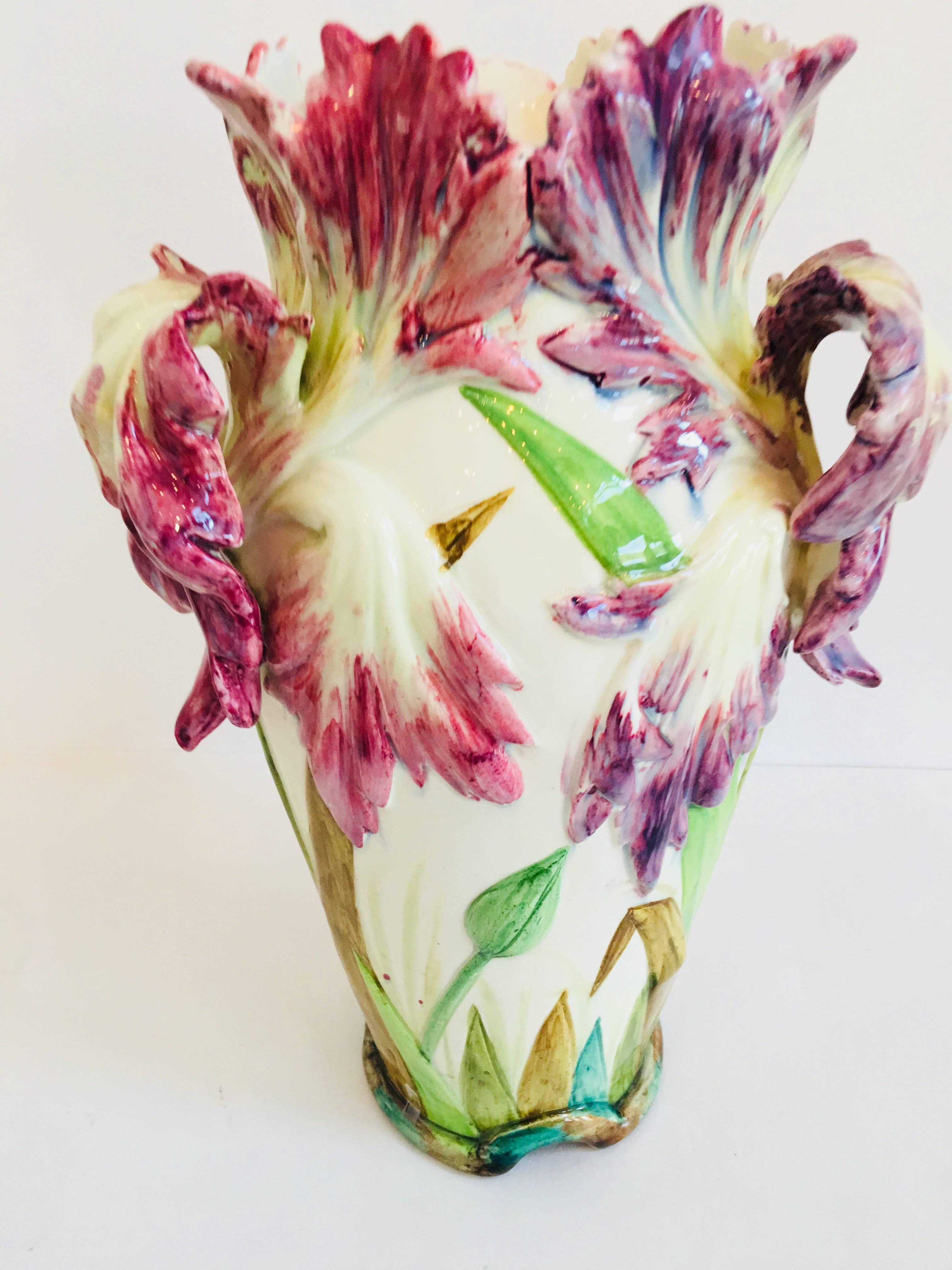 19th Century Delphin Massier Vallauris Parrot Tulip Vase