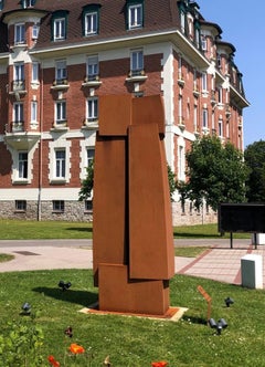Unity I by Delphine Brabant - Abstract geometric sculpture, corten steel, brown