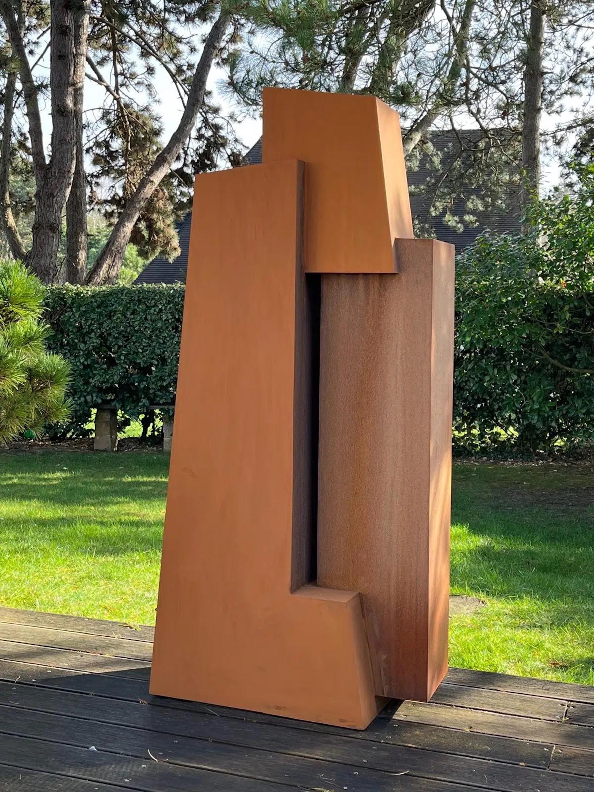 Unity II by Delphine Brabant - Abstract geometric sculpture, Corten steel, totem