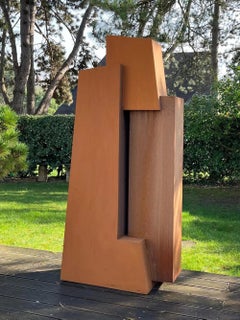 Unity II by Delphine Brabant - Abstract geometric sculpture, Corten steel, totem