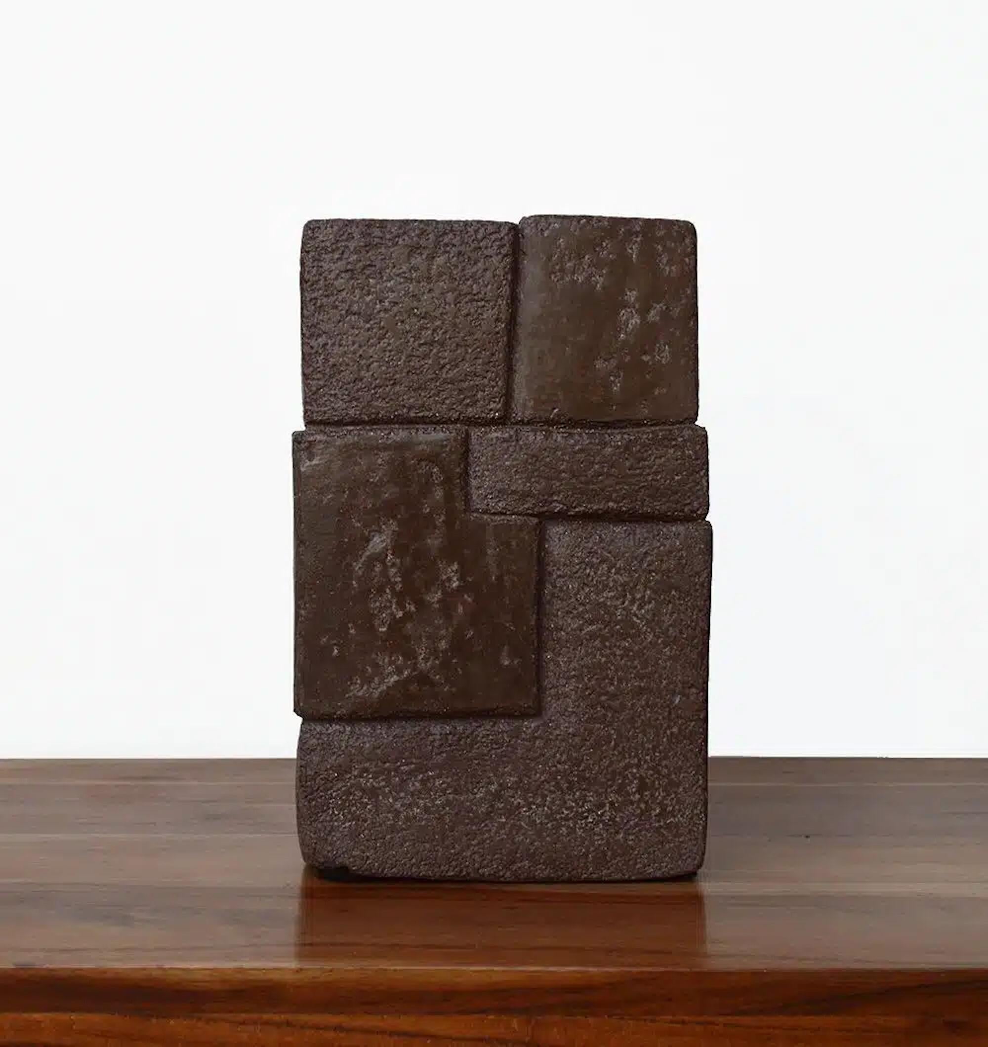 Unity V by Delphine Brabant - Abstract geometric sculpture, terracotta, brown