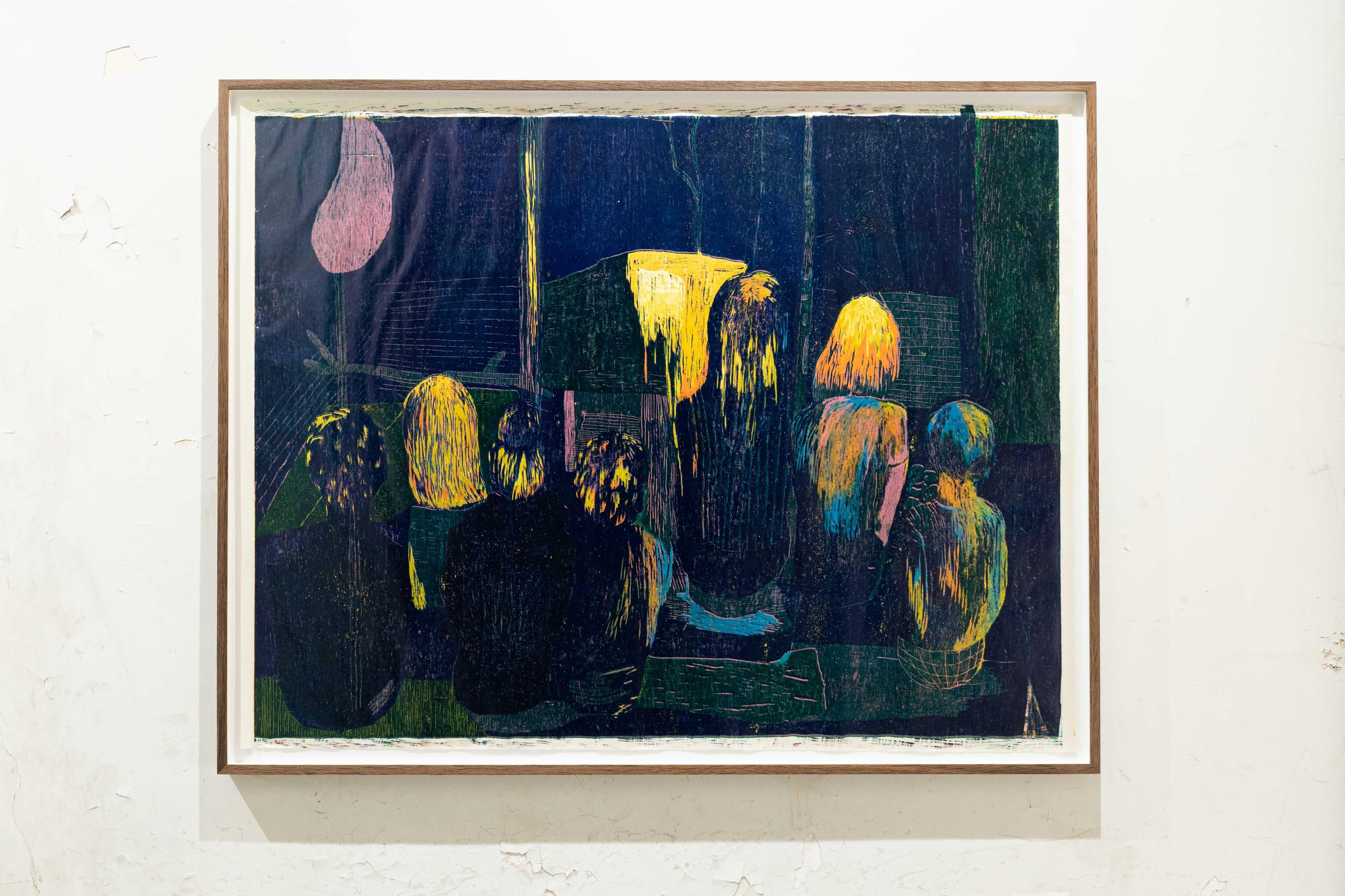Colourful oil paint on Japanese paper woodcut, called Just Like This - Modern Mixed Media Art by Delphine Cuelenaere