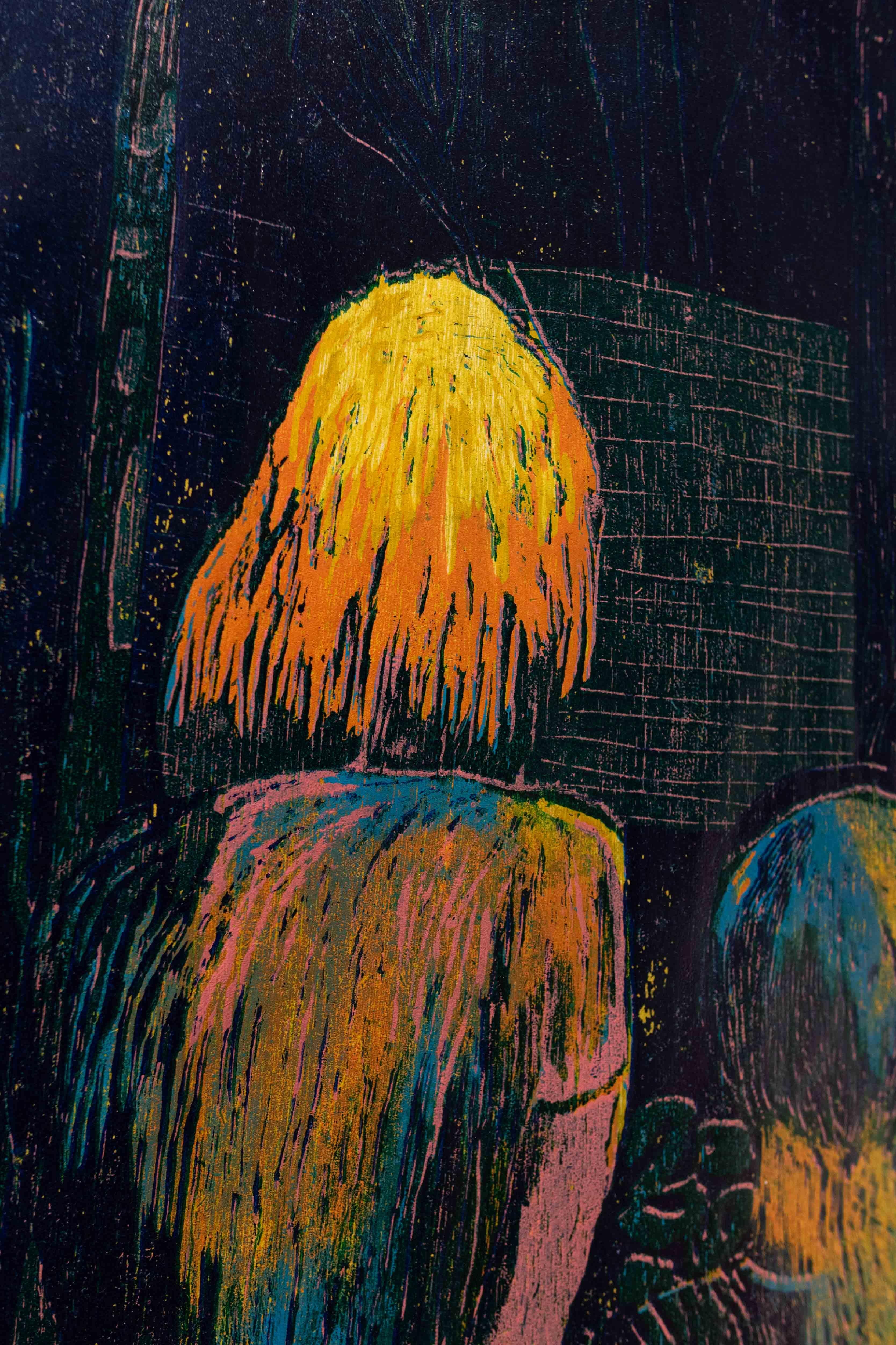 Colourful oil paint on Japanese paper woodcut, called Just Like This For Sale 1