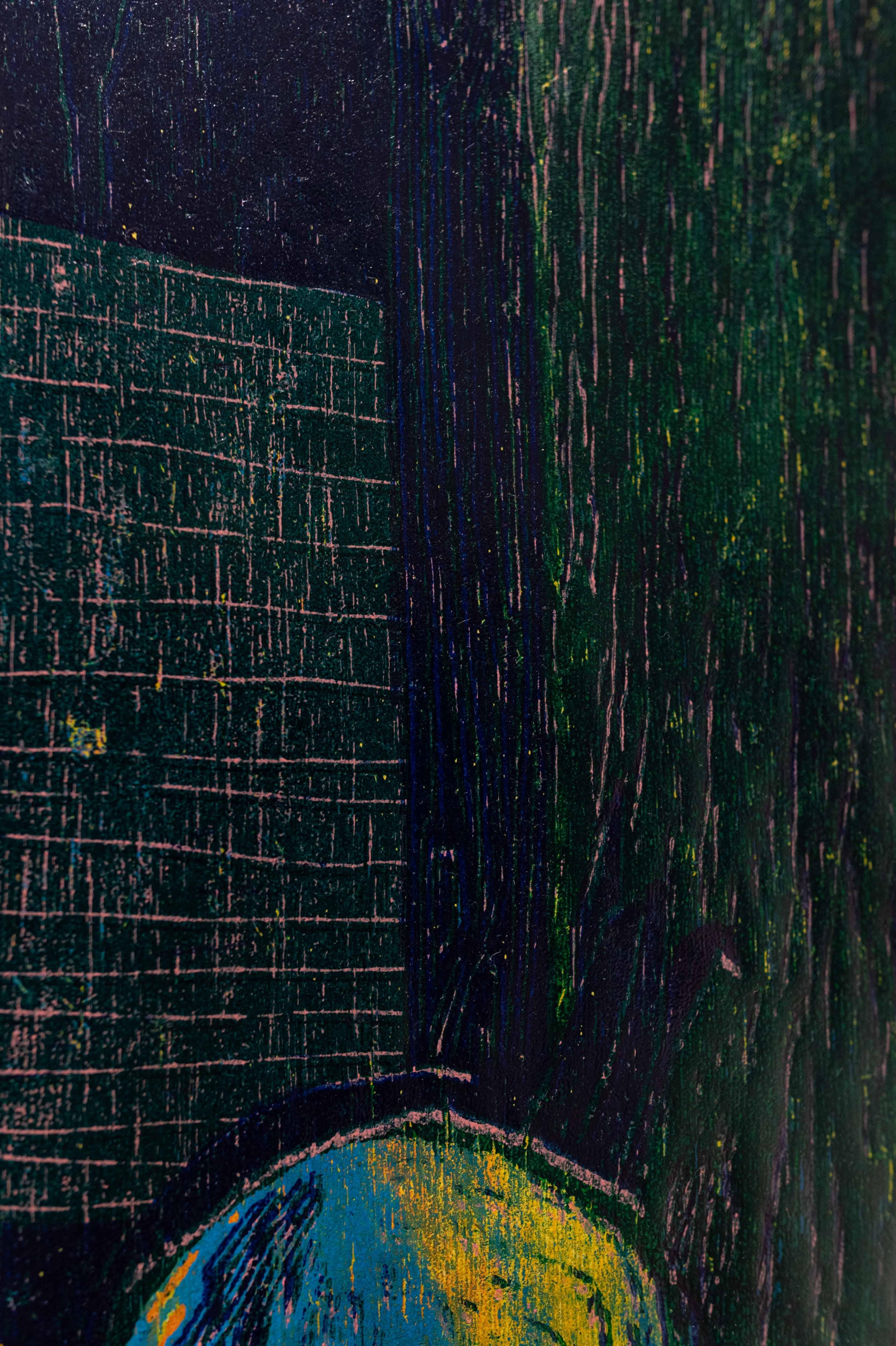 Colourful oil paint on Japanese paper woodcut, called Just Like This For Sale 2