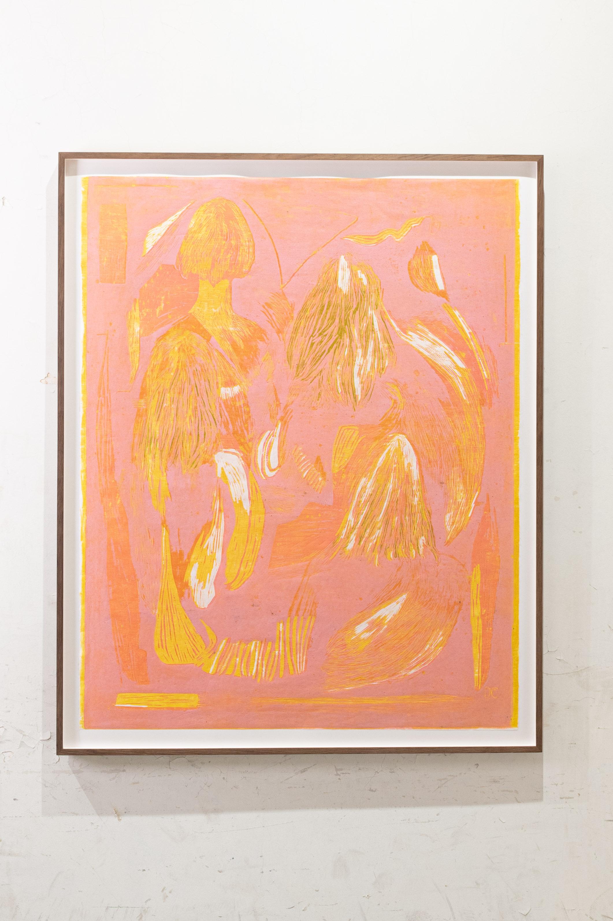 Orange and pink oil on Japanese paper woodcut, called 'Even if they're not here' - Abstract Mixed Media Art by Delphine Cuelenaere