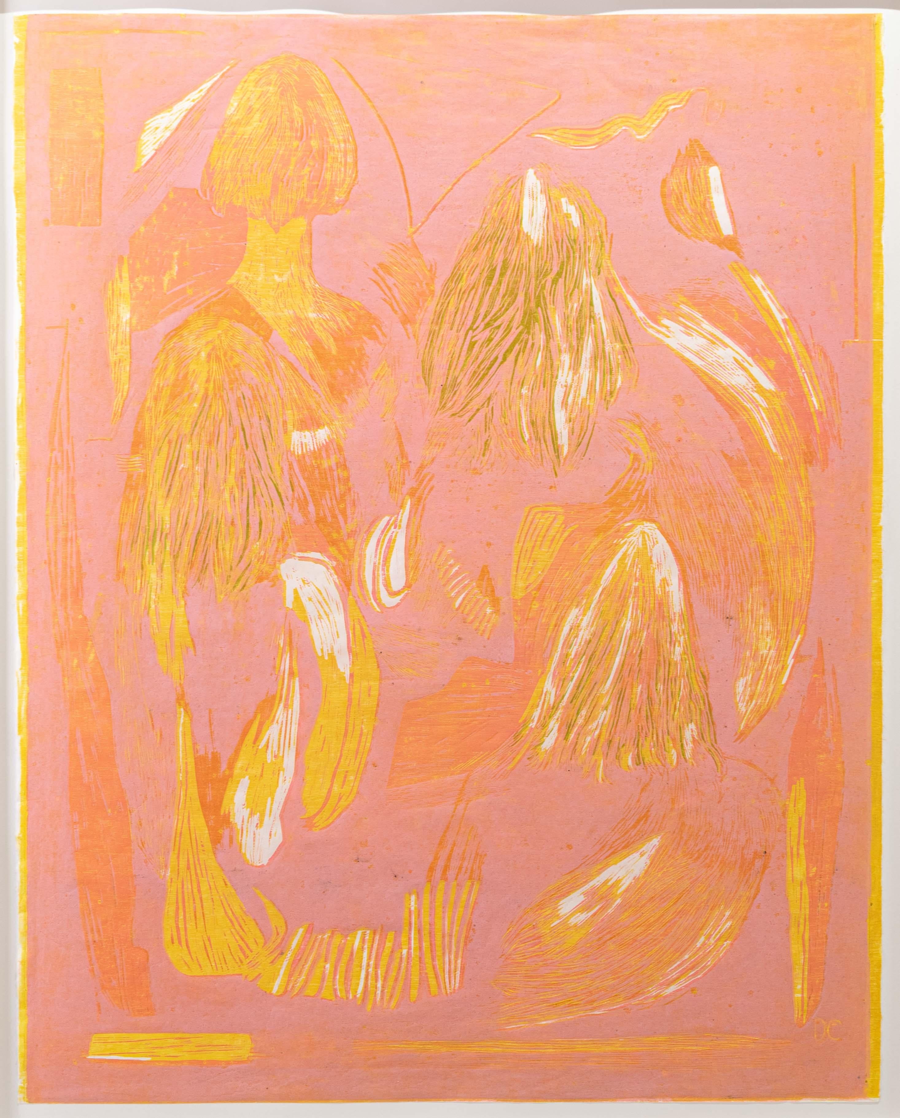 Orange and pink oil on Japanese paper woodcut, called 'Even if they're not here' For Sale 1