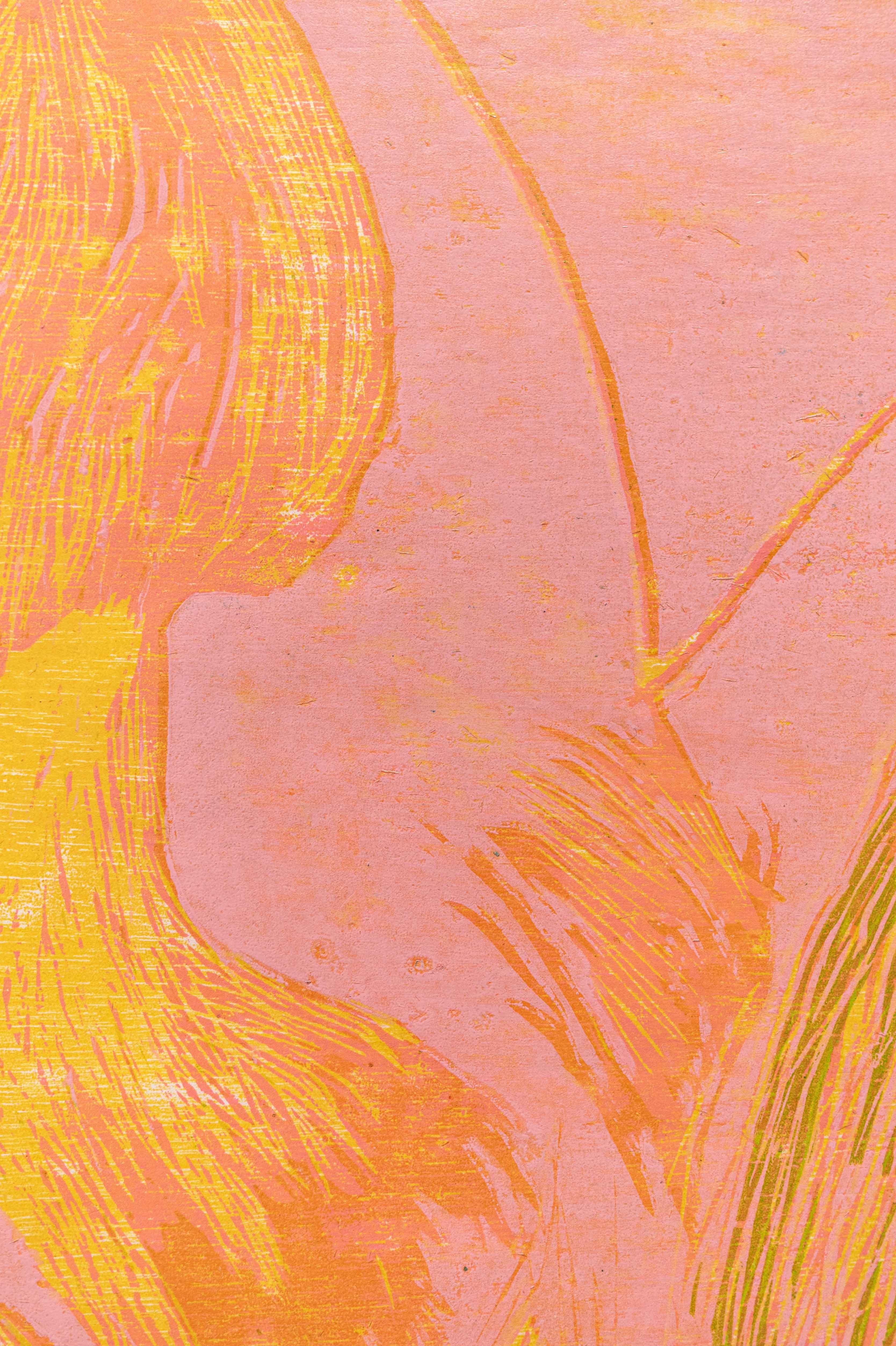 Orange and pink oil on Japanese paper woodcut, called 'Even if they're not here' For Sale 2