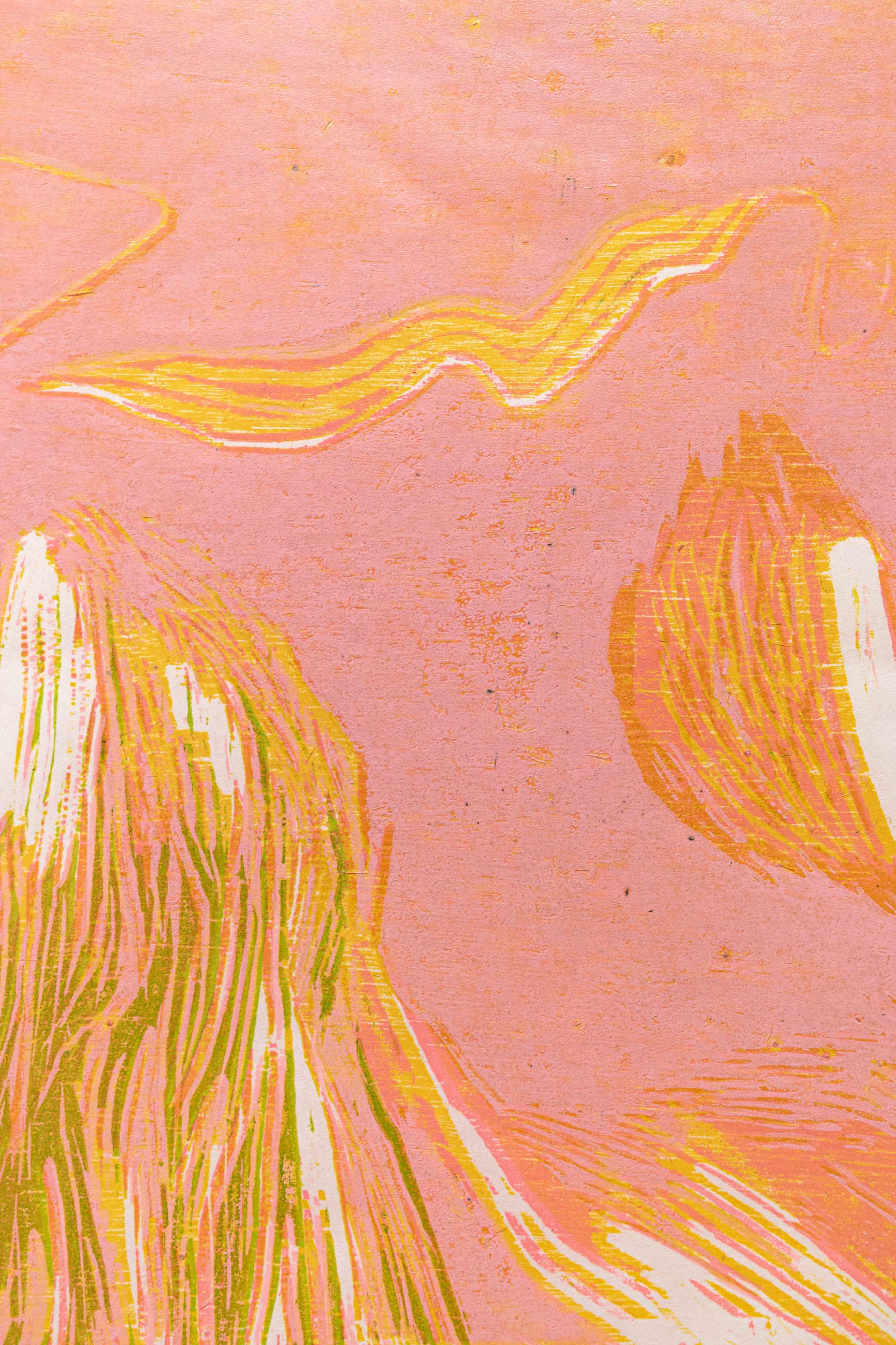 Orange and pink oil on Japanese paper woodcut, called 'Even if they're not here' For Sale 3