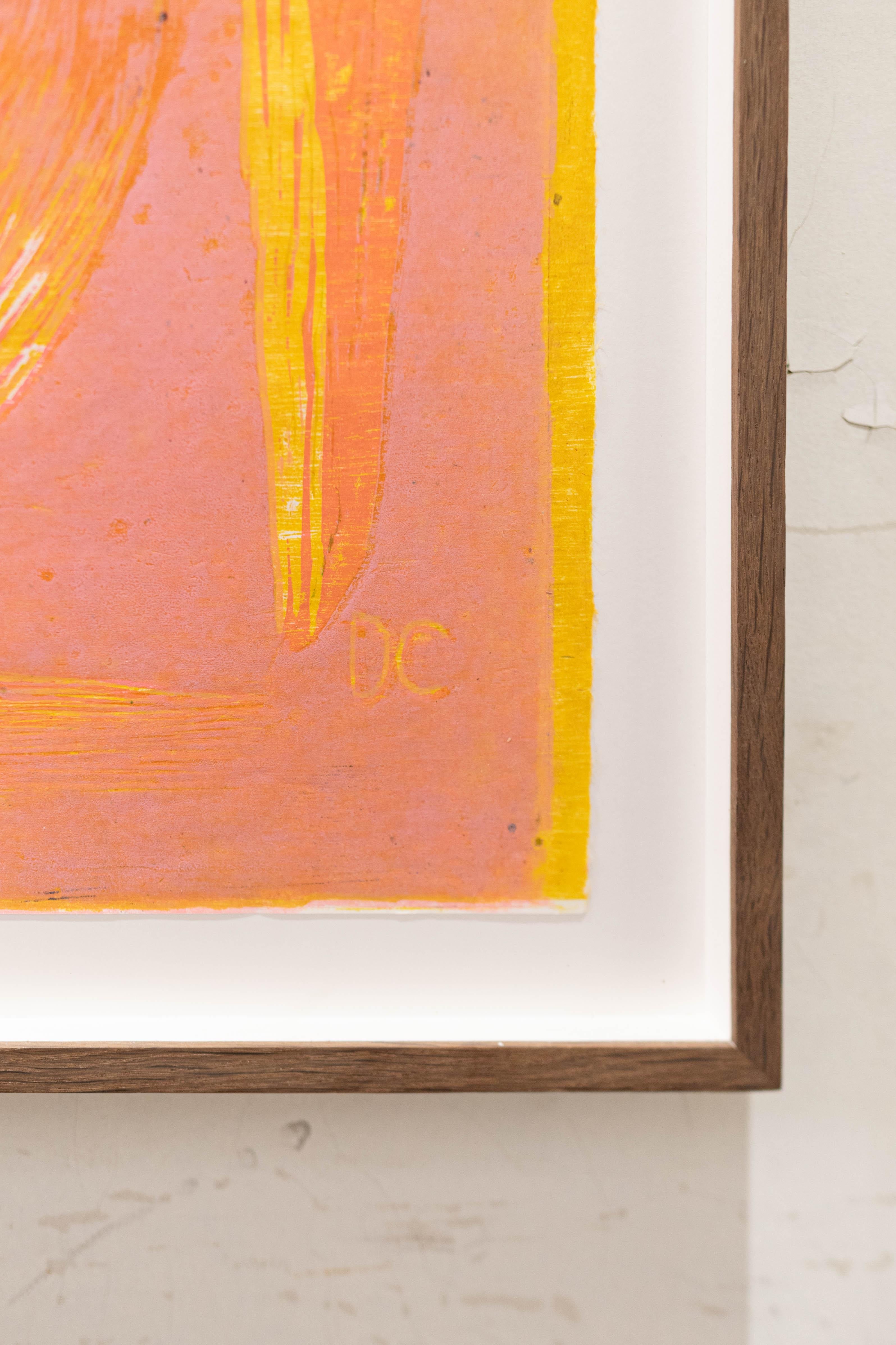 Orange and pink oil on Japanese paper woodcut, called 'Even if they're not here' For Sale 4