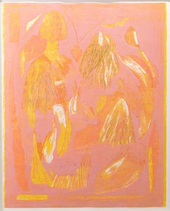 Orange and pink oil on Japanese paper woodcut, called 'Even if they're not here'