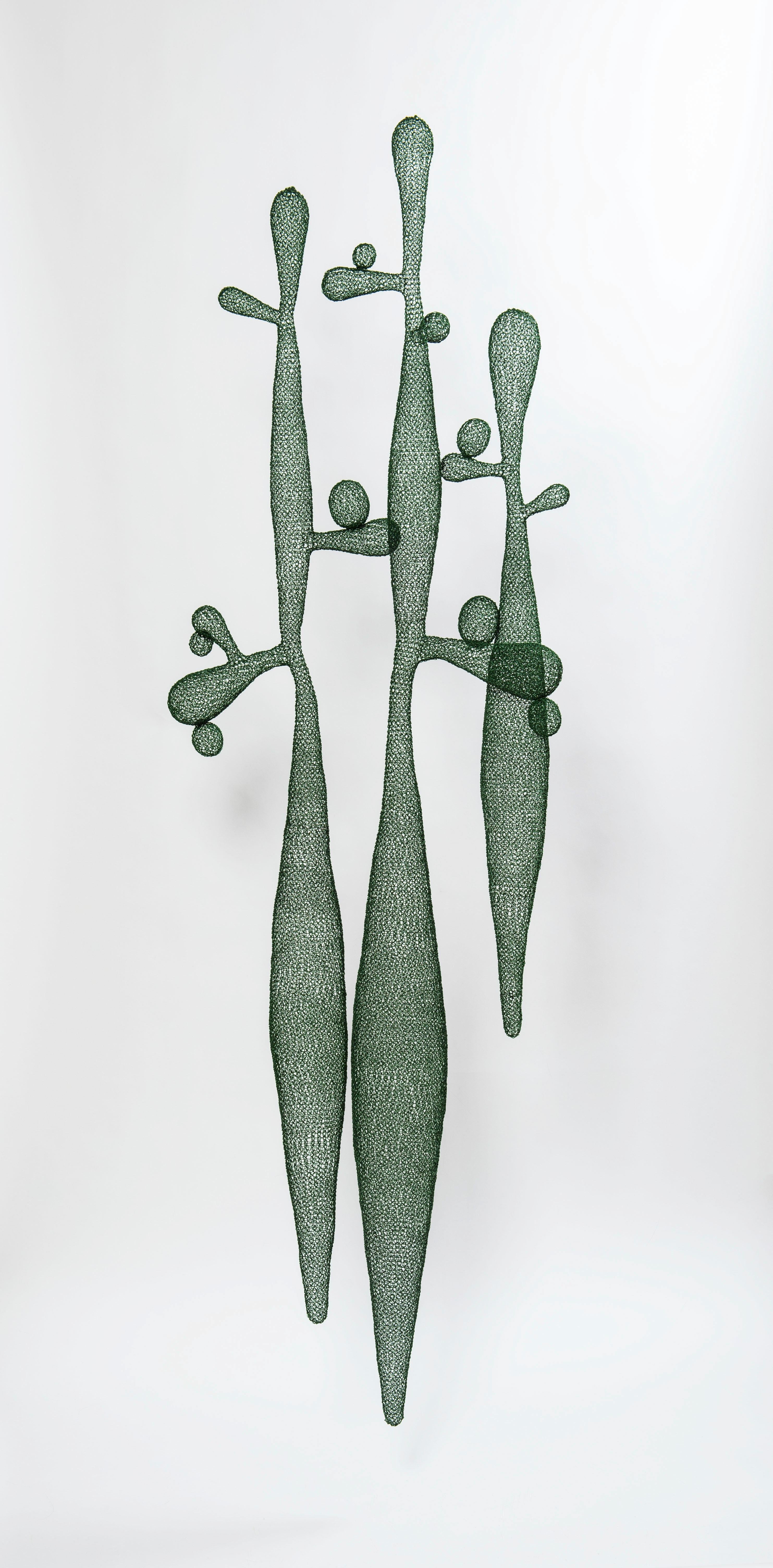 Delphine Grandvaux Abstract Sculpture - "3 Cactus", Hand Knitted Metallic Mesh Transparent Airy Wall-mounted Sculpture