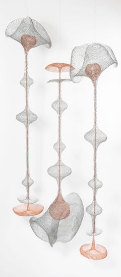 "3 Gracilis" , Hand Knitted Metallic Mesh Transparent Airy Pending Sculpture