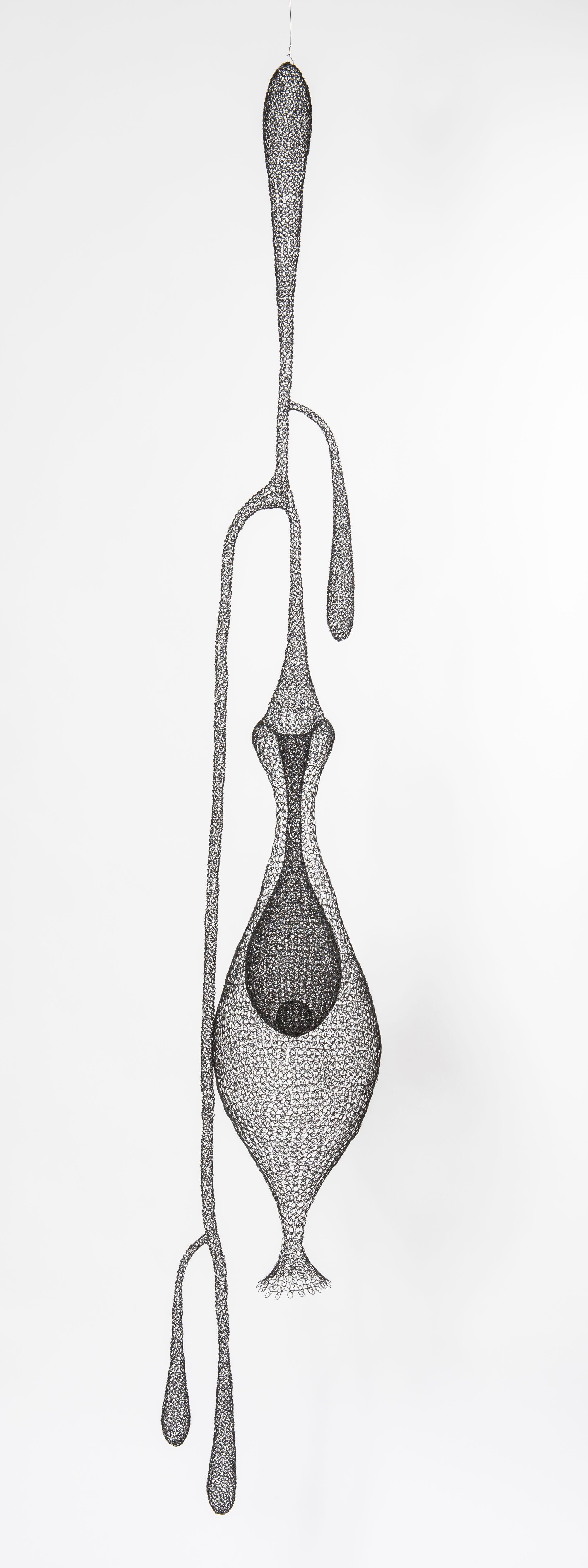 Delphine Grandvaux Figurative Sculpture - "Cocoon II", Hand Knitted Metal Mesh Transparent Airy Pendant Sculpture