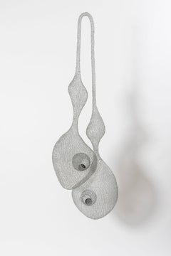 "Confidence", Hand-Knitted Airy Transparent Pendant Grey Metallic Sculpture
