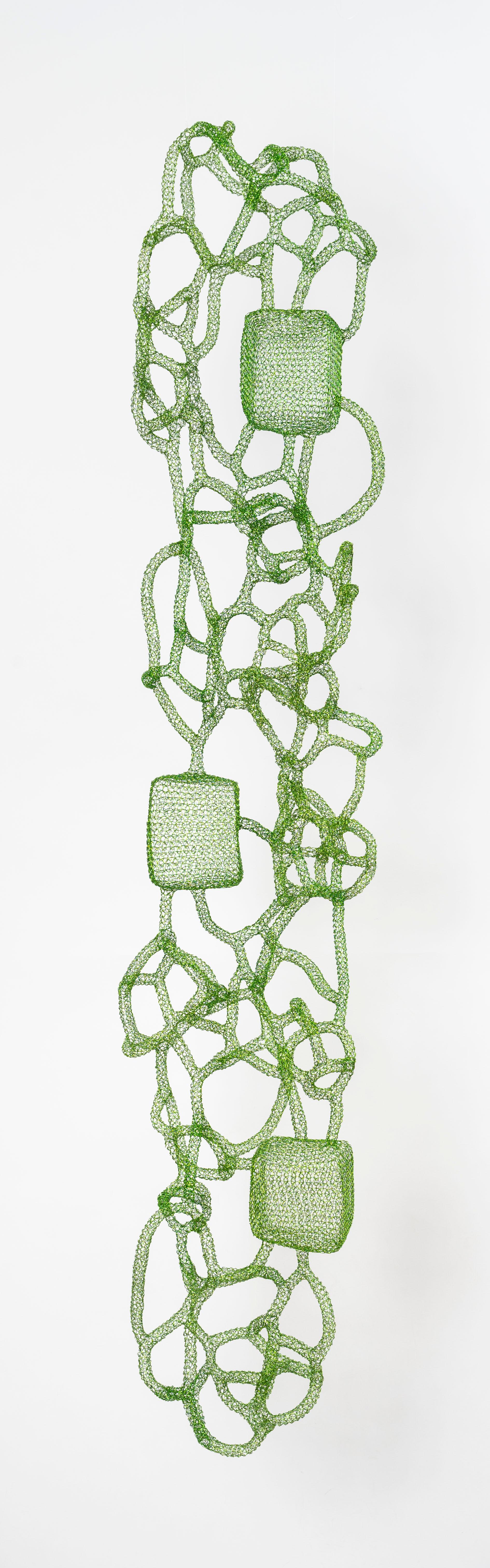 Delphine Grandvaux Abstract Sculpture - "Fujino",  Green Metal Hand-Woven Pendant Aerial Wall Sculpture  