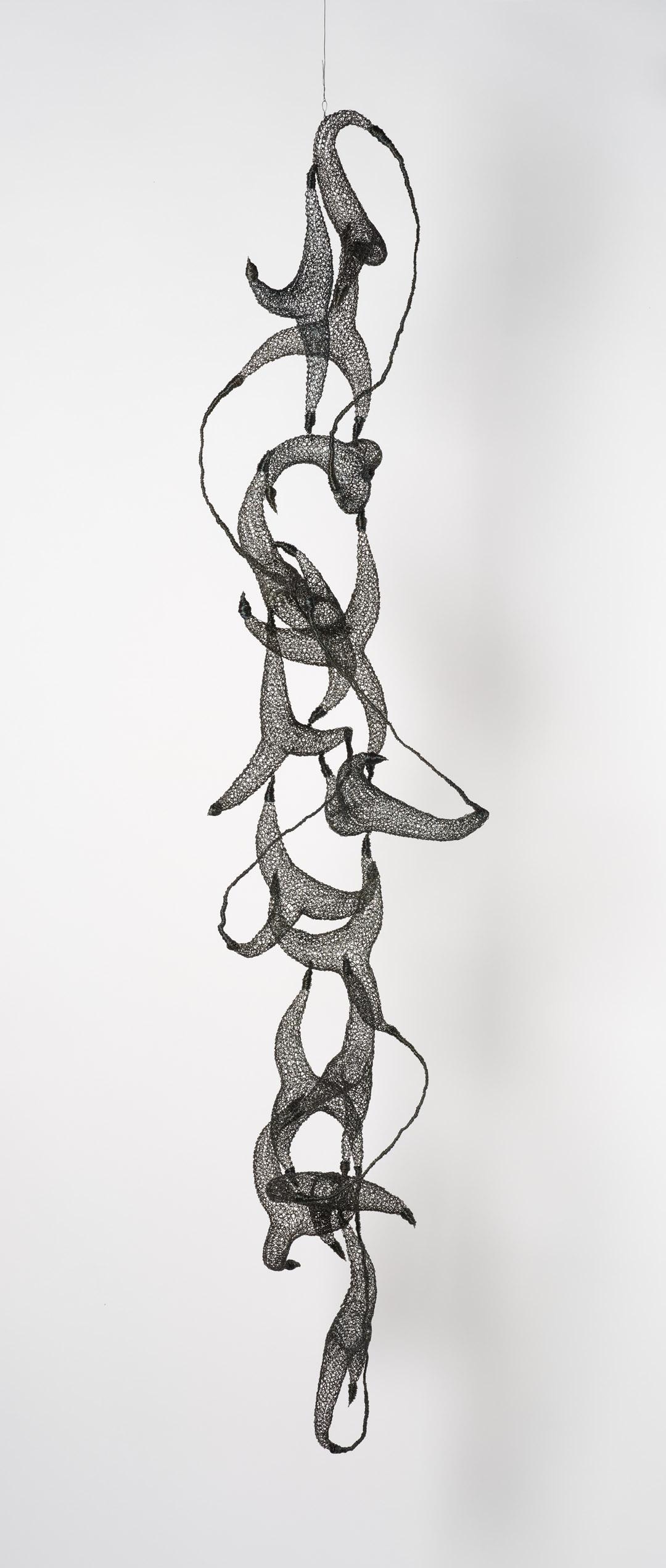 Delphine Grandvaux Abstract Sculpture - "Iels", Airy Woven Black Metal Hand-Made Pendant Sculpture