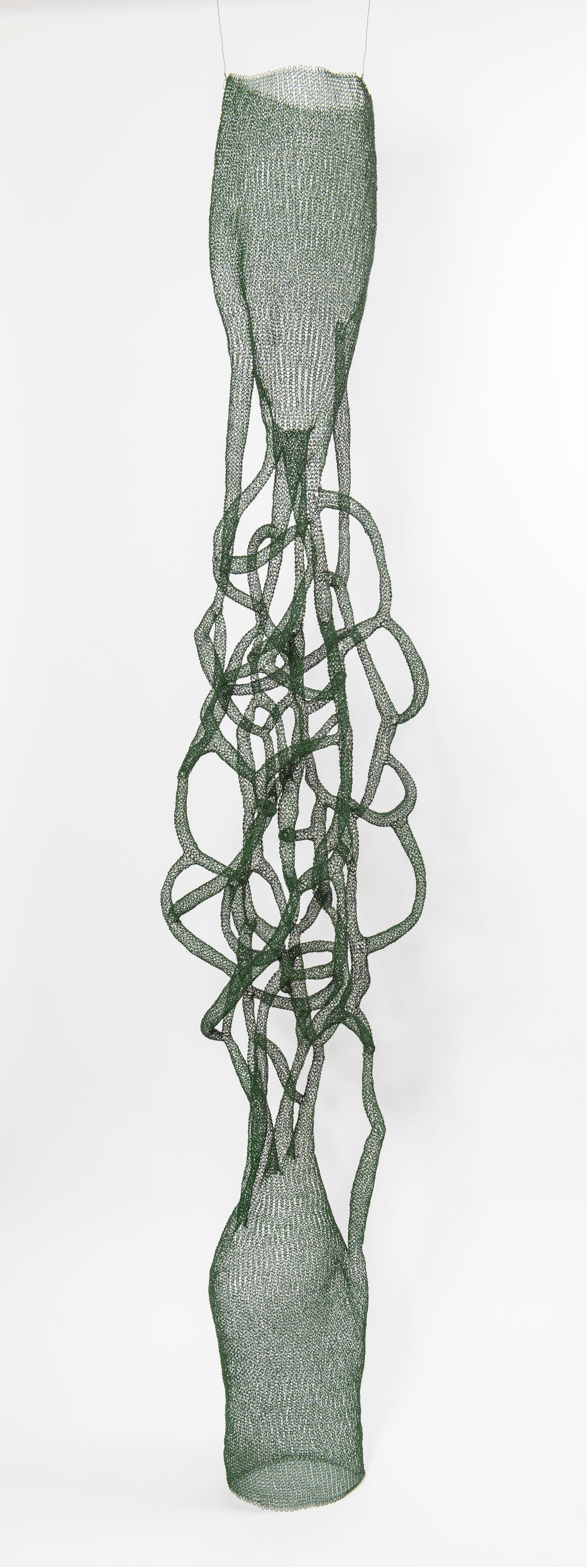 Delphine Grandvaux Figurative Sculpture - "In Between", Hand Knitted Airy Metal Transparent Green Pendant Tall Sculpture