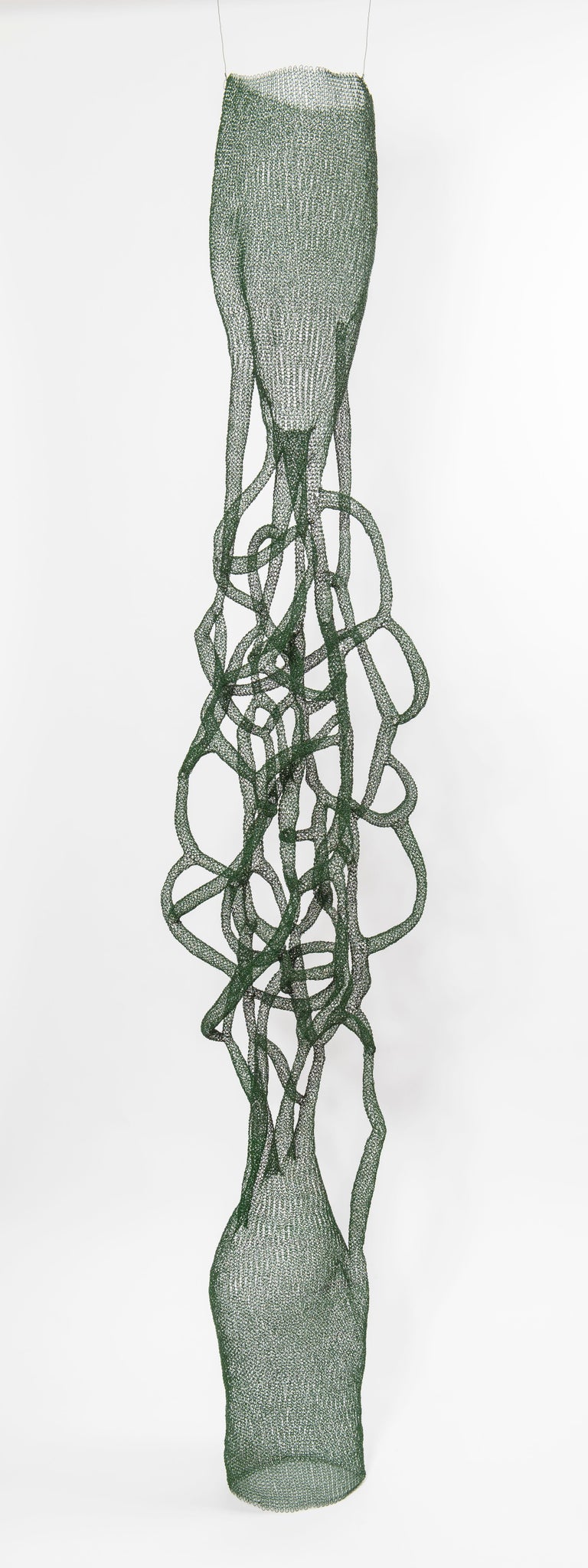 Delphine Grandvaux - In Between, Hand Knitted Airy Metal Transparent  Green Pendant Tall Sculpture For Sale at 1stDibs