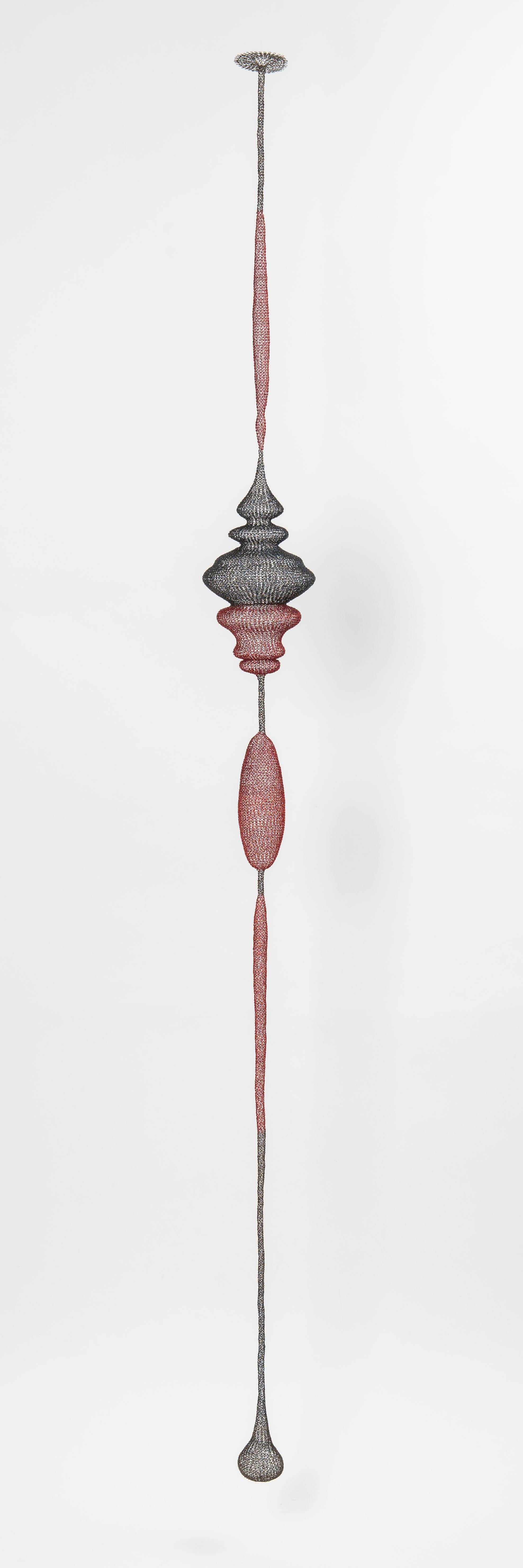 Delphine Grandvaux Abstract Sculpture - "L'éclaireuse", Black and Red Metal Hand-Woven Pendant Airy Tall Sculpture