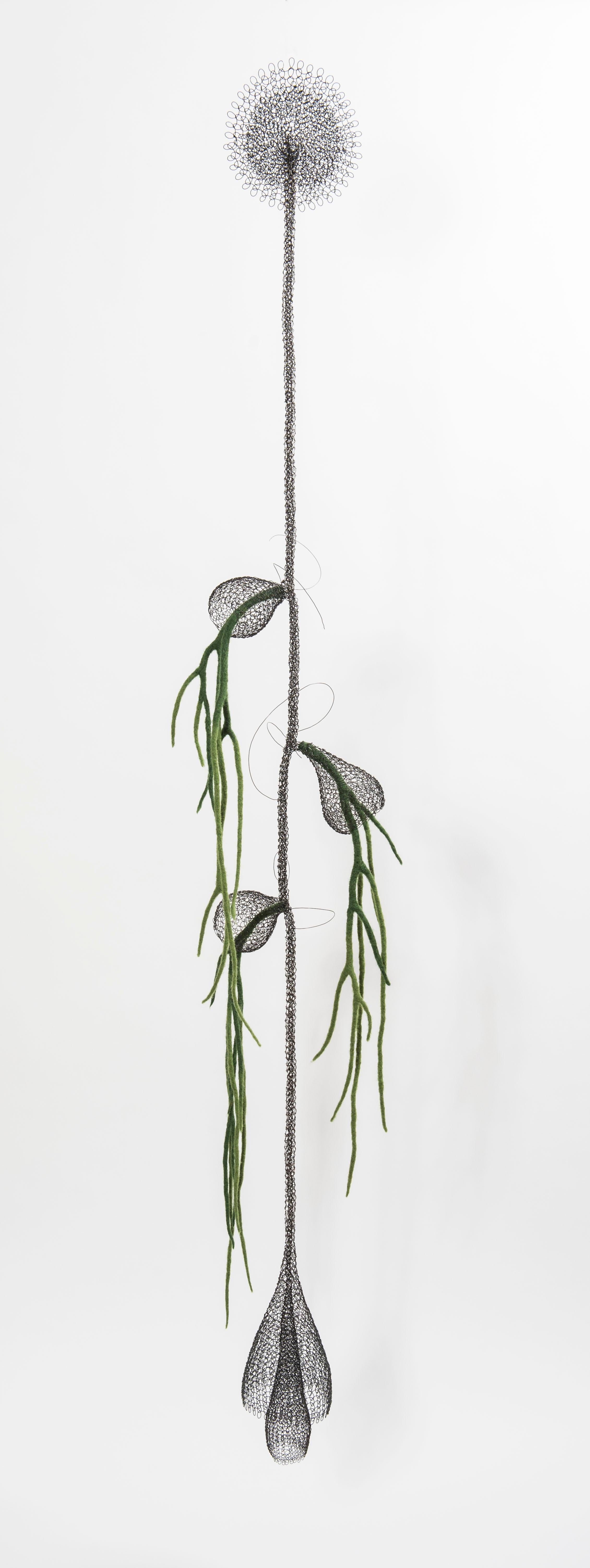 Delphine Grandvaux Abstract Sculpture - «Liane I », Handmade Metal Wire Mesh and Green Wool Pendant Mural Sculpture