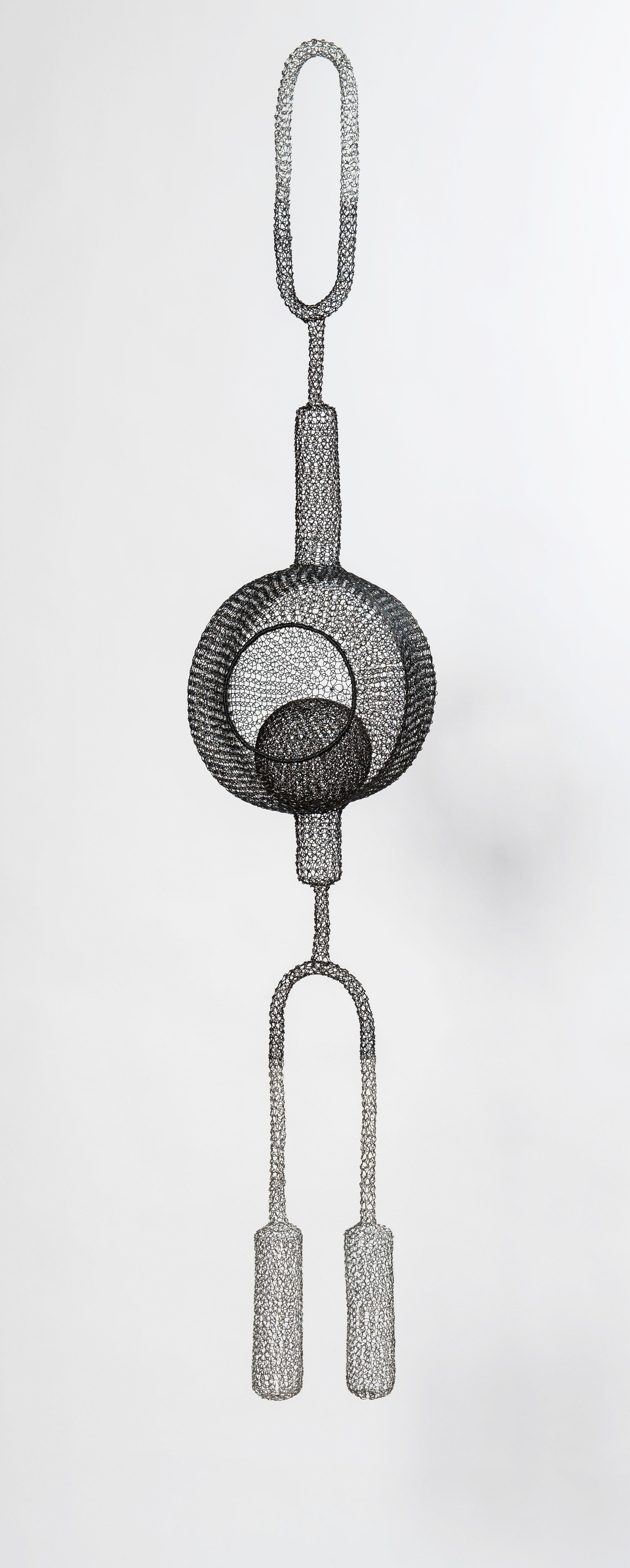 Delphine Grandvaux Abstract Sculpture - "Necklace", Hand-Knitted Airy Transparent Pendant Grey Metallic Sculpture