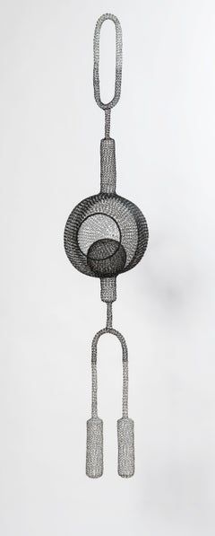 "Necklace", Hand-Knitted Airy Transparent Pendant Grey Metallic Sculpture