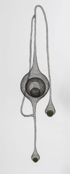 "Safe Harbor III", Handmade Metal Mesh and Green Wool Pendant Mural Sculpture