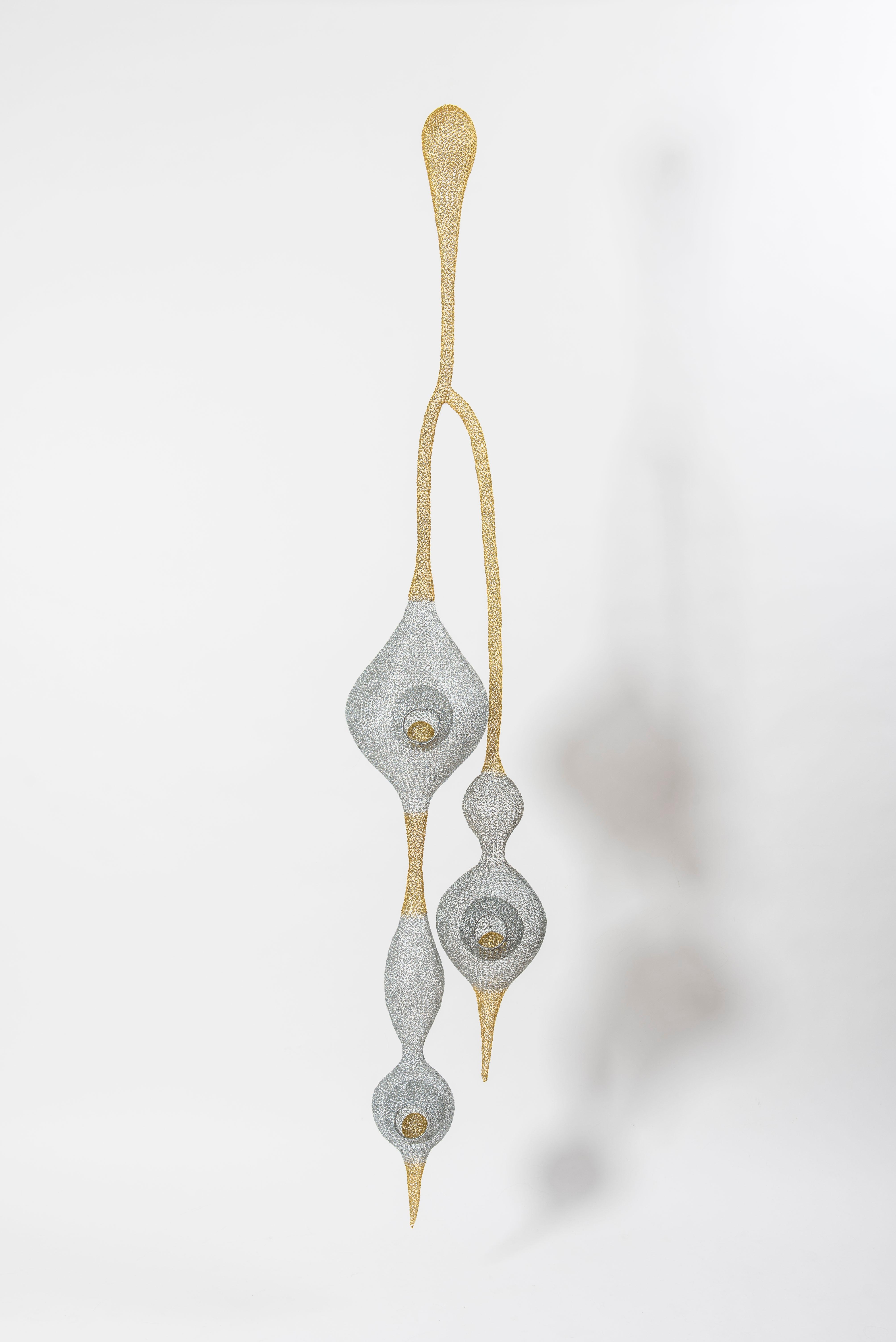 Delphine Grandvaux Abstract Sculpture - "Obéole", Hand-Knitted Airy Transparent Pendant Golden Grey Metallic Sculpture