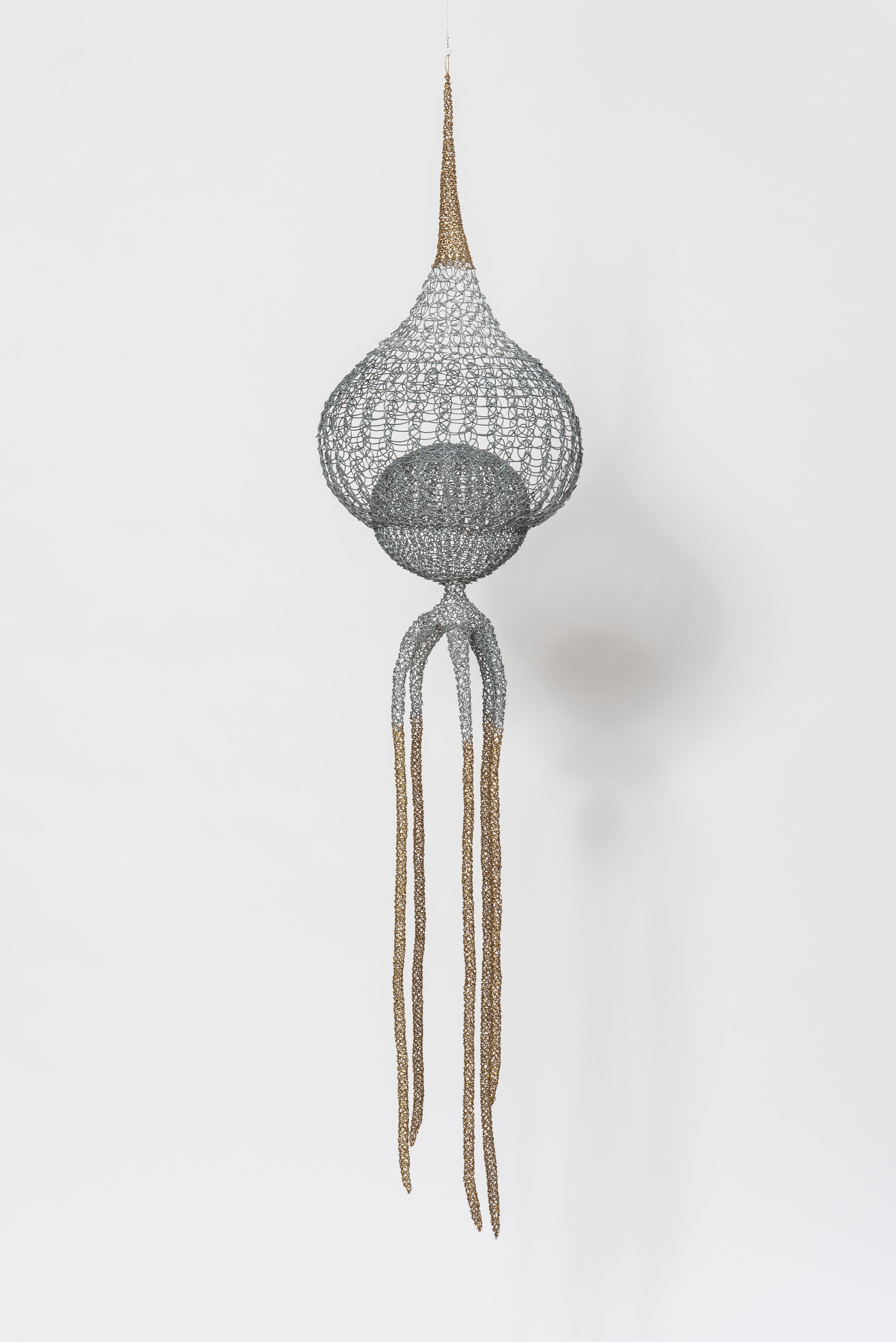 Delphine Grandvaux Abstract Sculpture - "Octopus II", Hand Knitted Transparent Golden Grey Metallic Wire Sculpture 