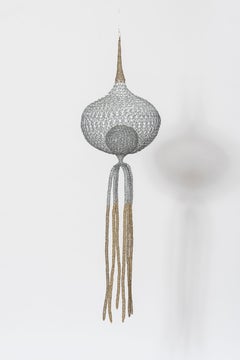"Octopus III", Hand Knitted Transparent Golden Grey Metallic Wire Sculpture 