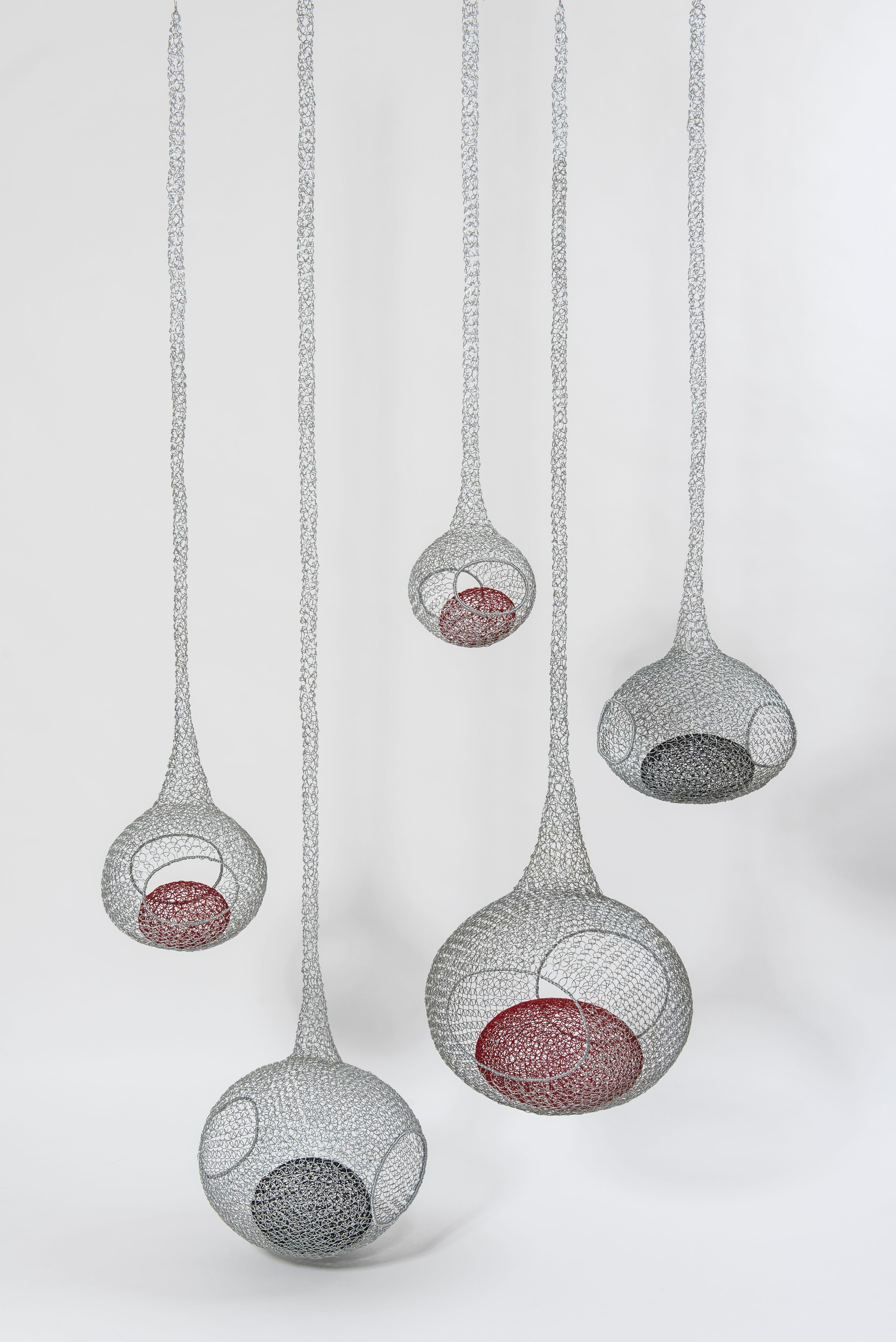 Delphine Grandvaux Abstract Sculpture - "Ove", Hand-woven Metallic Mesh Transparent Airy Pendant Sculpture