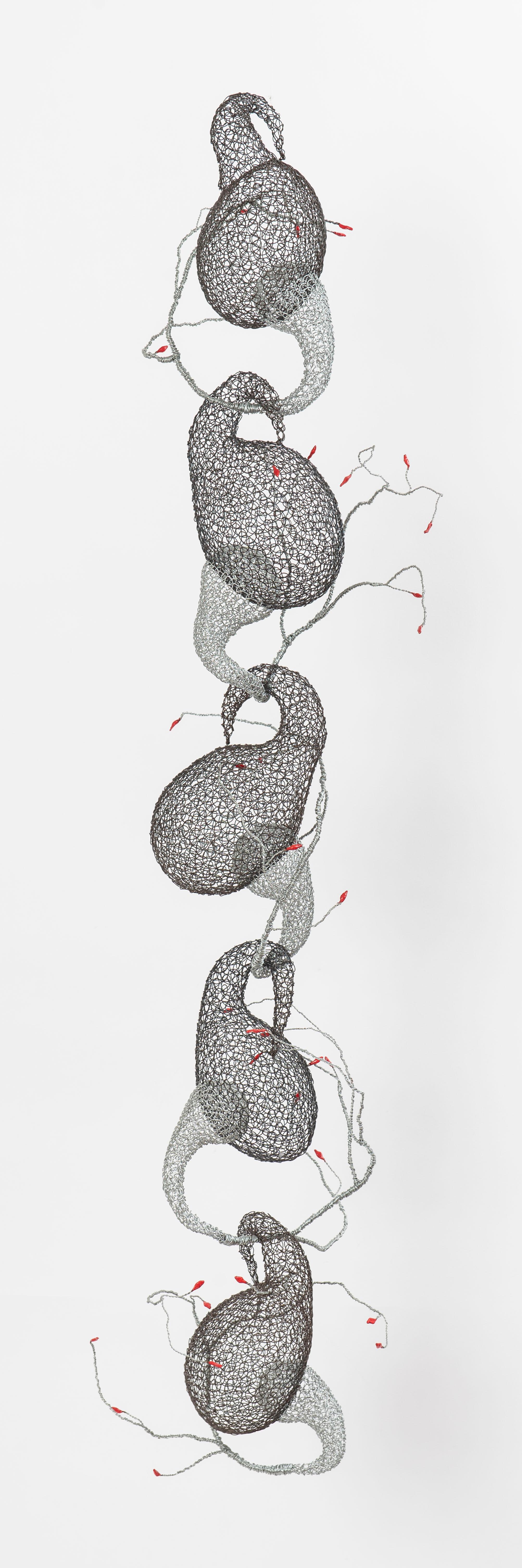 Delphine Grandvaux Abstract Sculpture - "Semence", Black and Grey Metal with Red Spots Hand-Woven Pendant Airy Sculpture