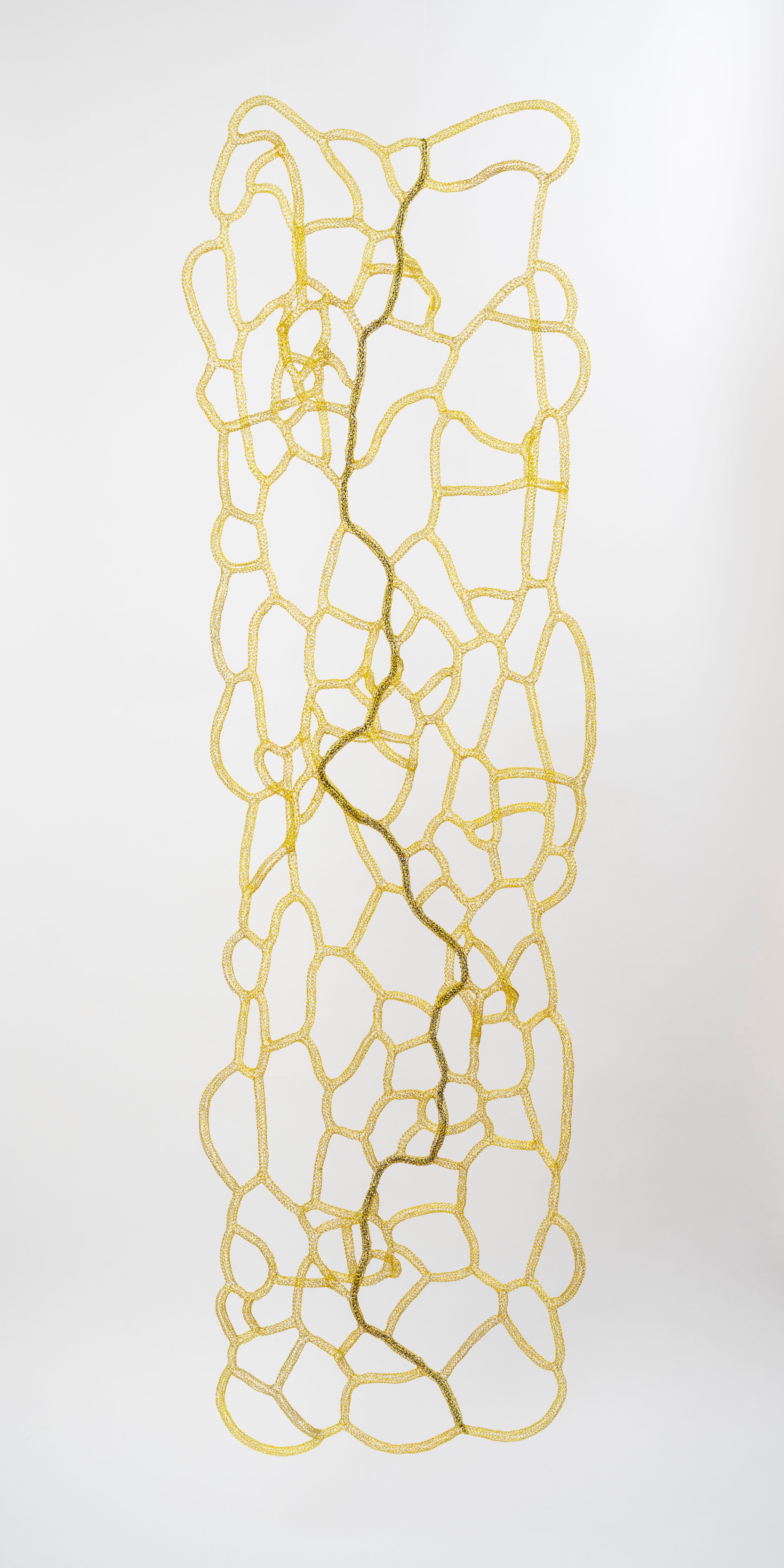 Delphine Grandvaux Abstract Sculpture - "The Path (La Sente)", Yellow and Black Metal Aerial Hand-Woven Mural Sculpture 