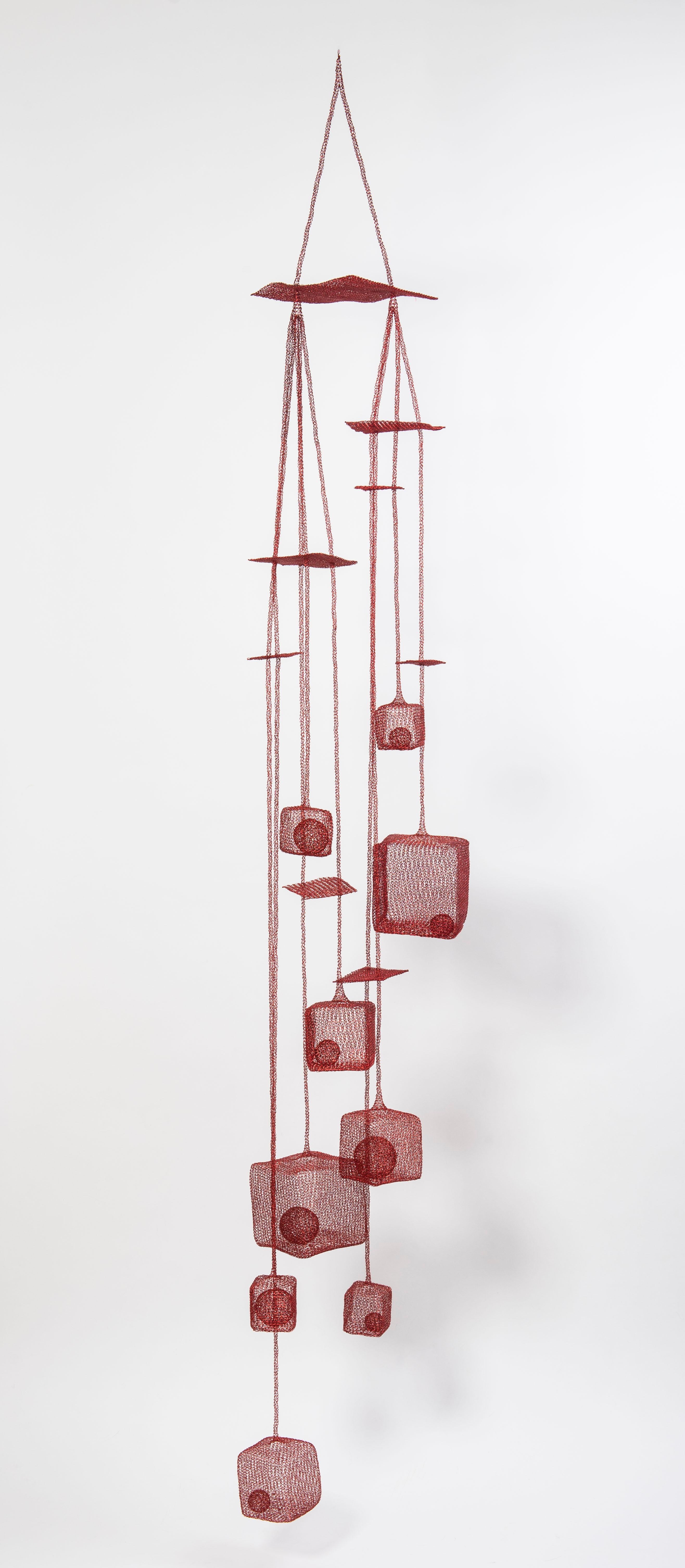 Delphine Grandvaux Abstract Sculpture - "Tokyo", Airy Woven Red Metal Hand-Made Pendant Tall Sculpture
