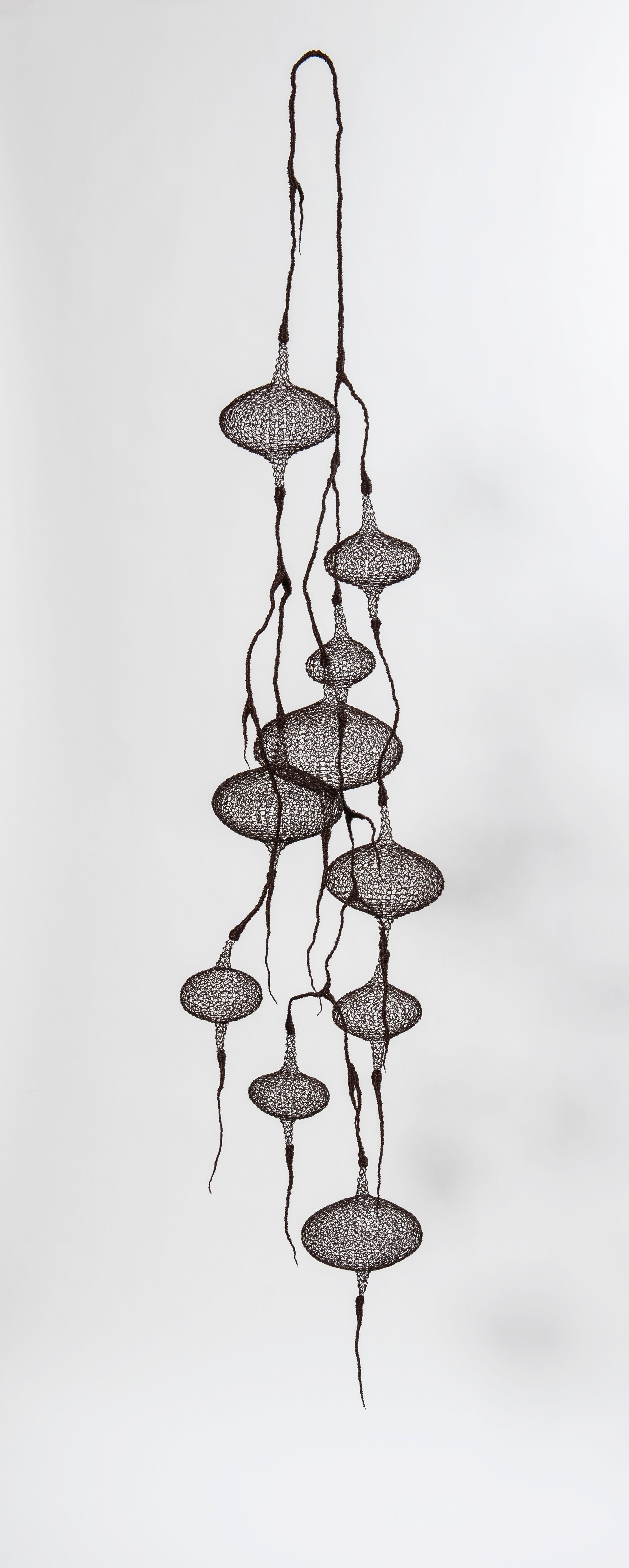 Delphine Grandvaux Abstract Sculpture - "Waterfall I ", Hand-Knitted Airy Transparent Pendant Metallic Wire Sculpture