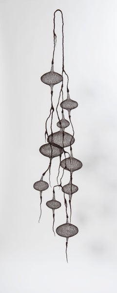 "Waterfall I ", Hand-Knitted Airy Transparent Pendant Metallic Wire Sculpture