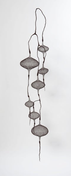 "Waterfall II ", Hand-Knitted Airy Transparent Pendant Metallic Wire Sculpture