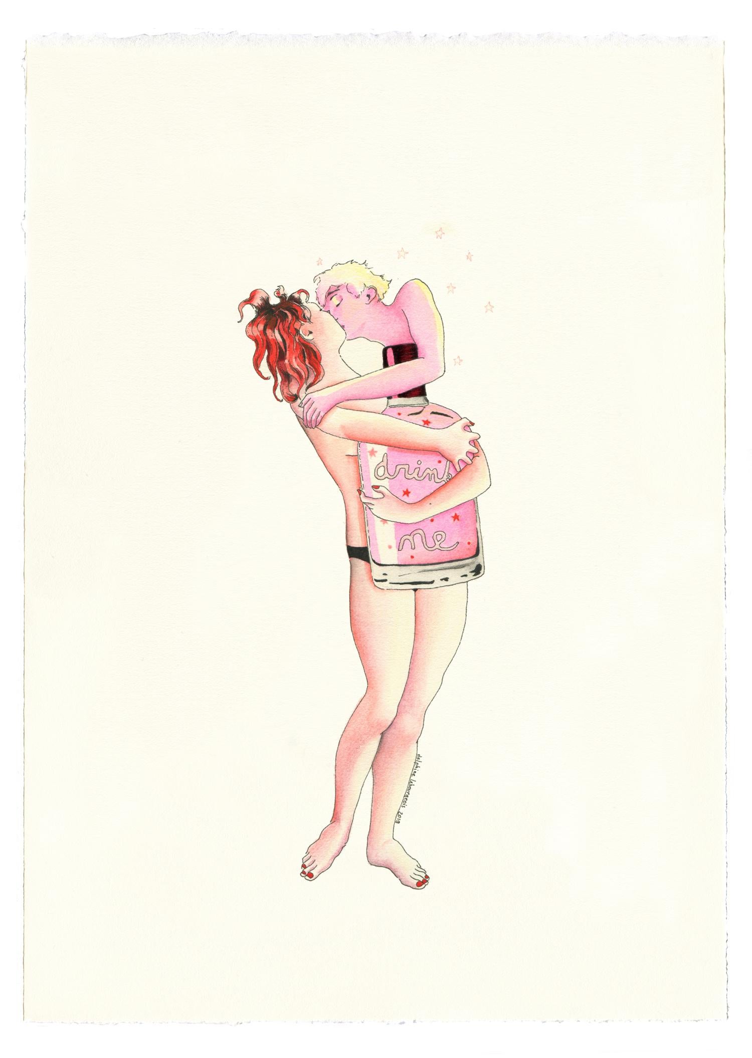 Delphine Lebourgeois Figurative Painting - Pink Dreams "Drink Me"