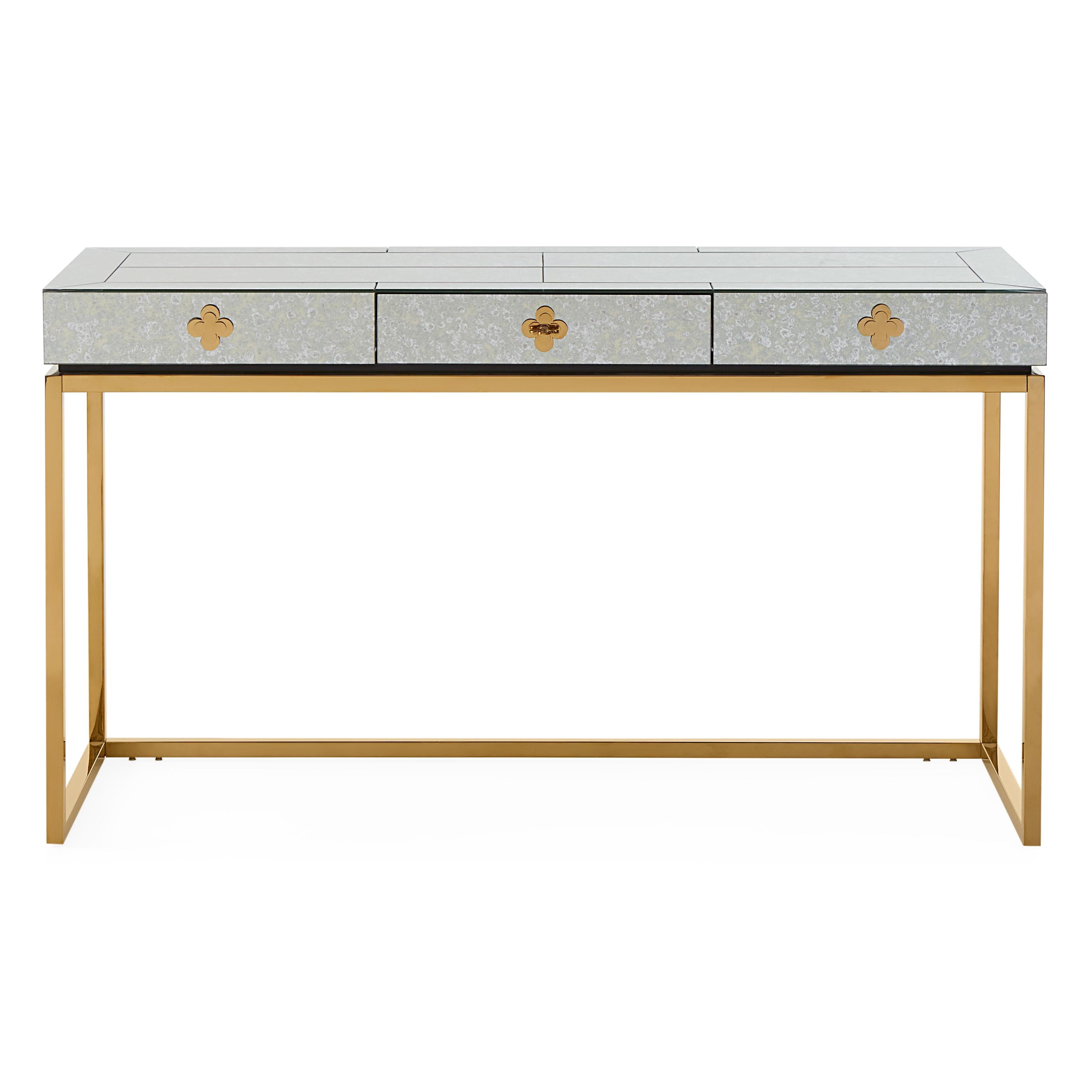 Reflectology. Minimalist forms meet Maximalist glamour. Antiqued mirror with a polished brass base. Our Delphine Desk features a single center drawer finished with bright robin's egg blue lacquer. Perfect in a starlet's study or as a bold finish for