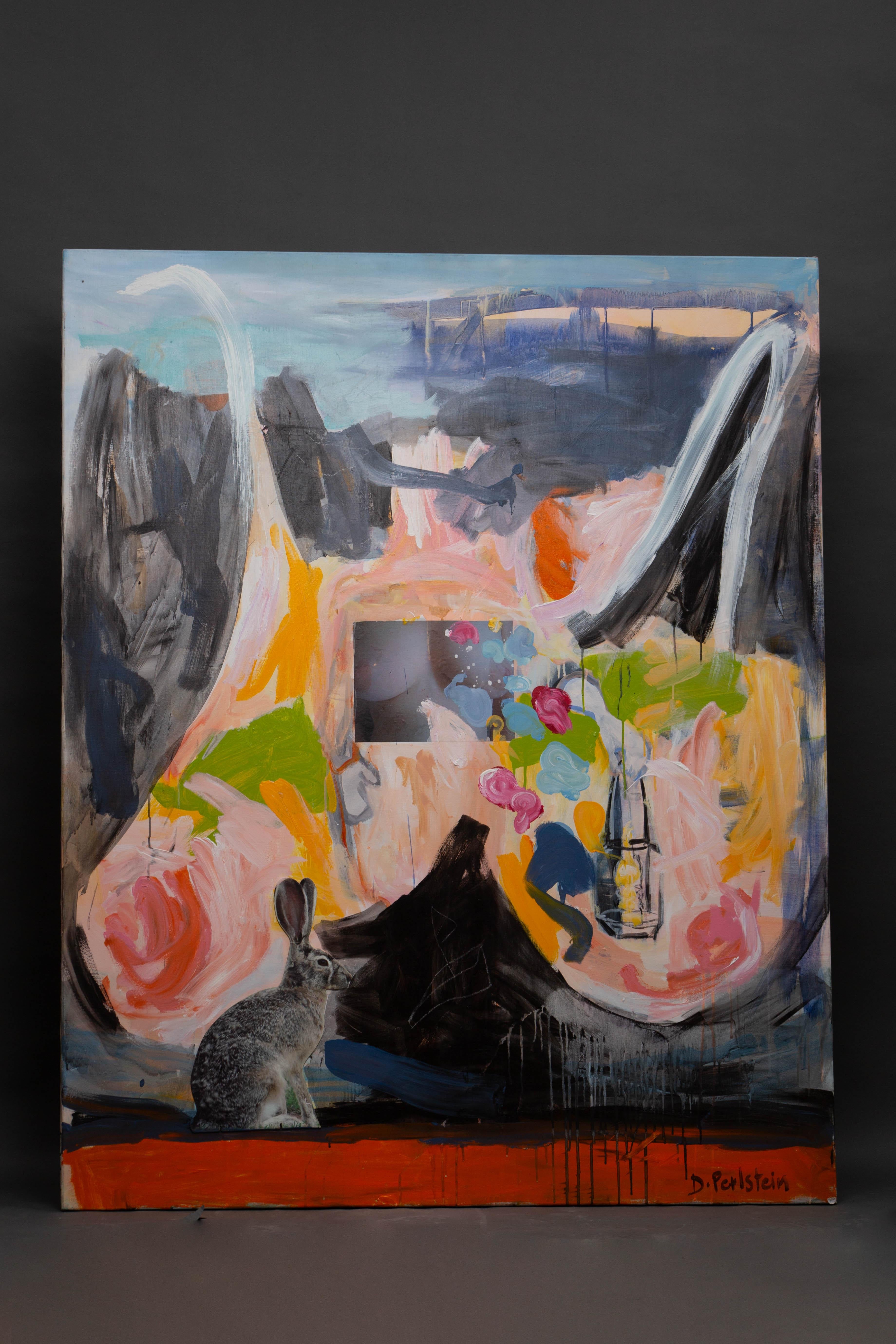 Collage und Acryl auf Leinwand, rechts unten signiert.
📏 Abmessungen: 162 x 130 cm (63,78 x 51,18 Zoll)

Ein atemberaubendes Werk aus Delphine Perlsteins amerikanischer Periode, Composition with Rabbit, ist eine fesselnde Mischung aus Abstraktion