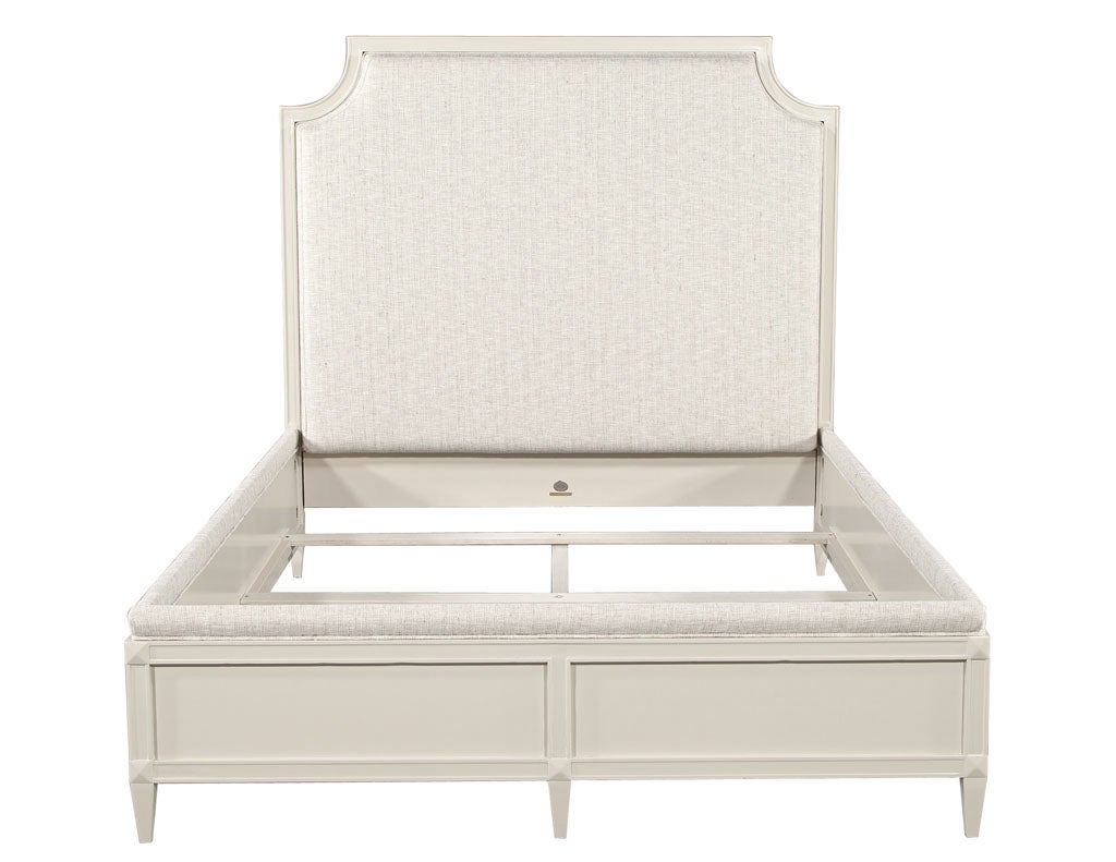 Delphine Queen Size Bed Frame by Baker Furniture. Made by Baker Furniture, this beautiful queen size Delphine bed is upholstered in a neutral textured velvet with taupe designer lacquer finish. This bed frame is the perfect combination of