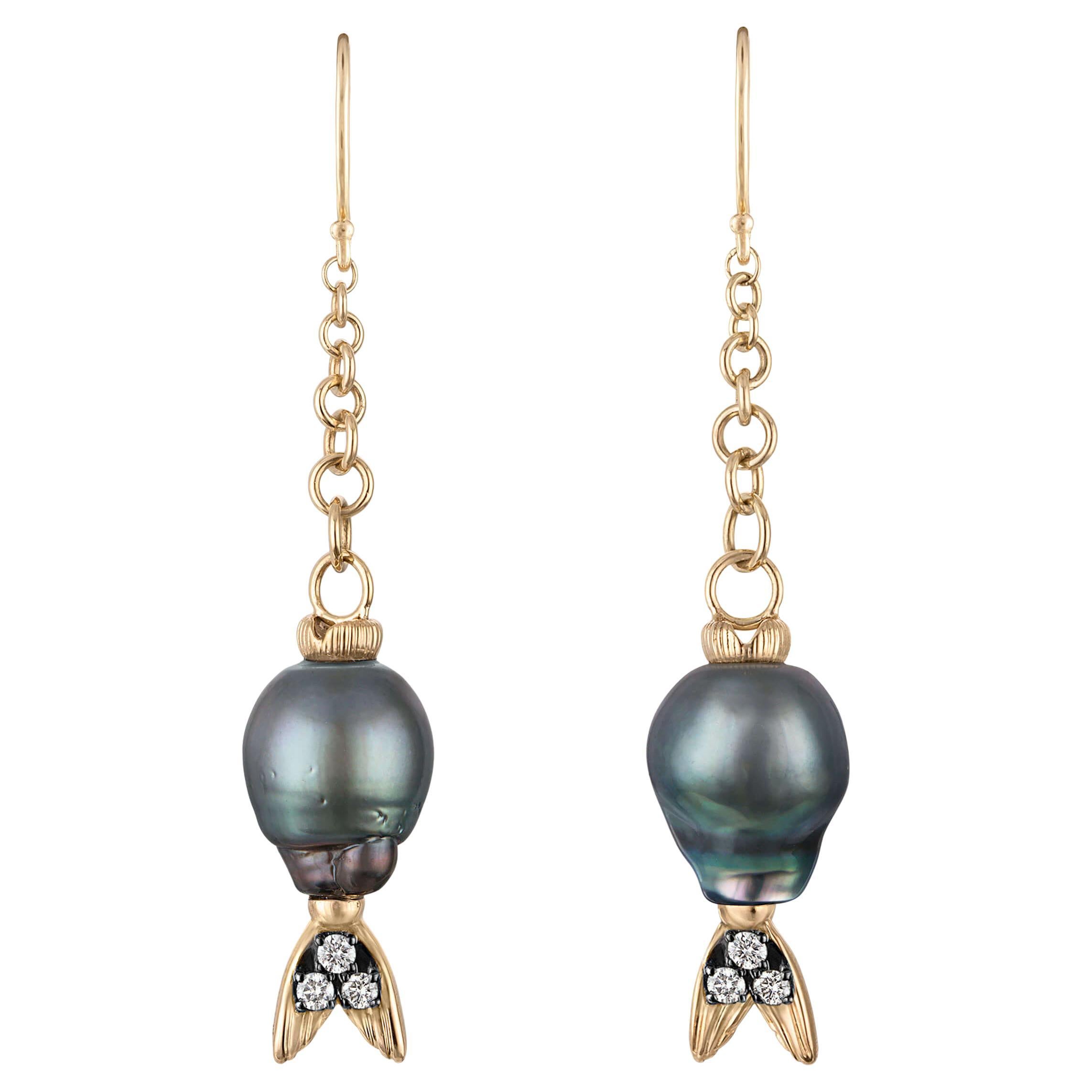 Orecchini Delphine con perle barocche di Tahiti e diamanti in oro 14k
