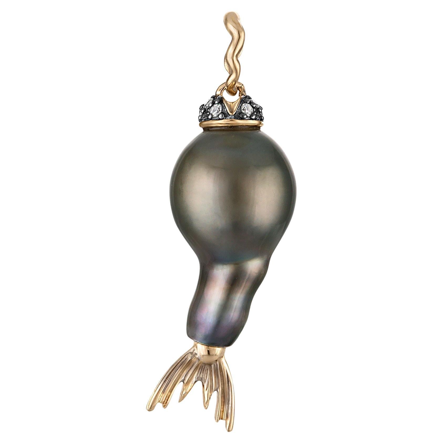 Ciondolo Delphine con perle barocche di Tahiti e diamanti in oro 14k