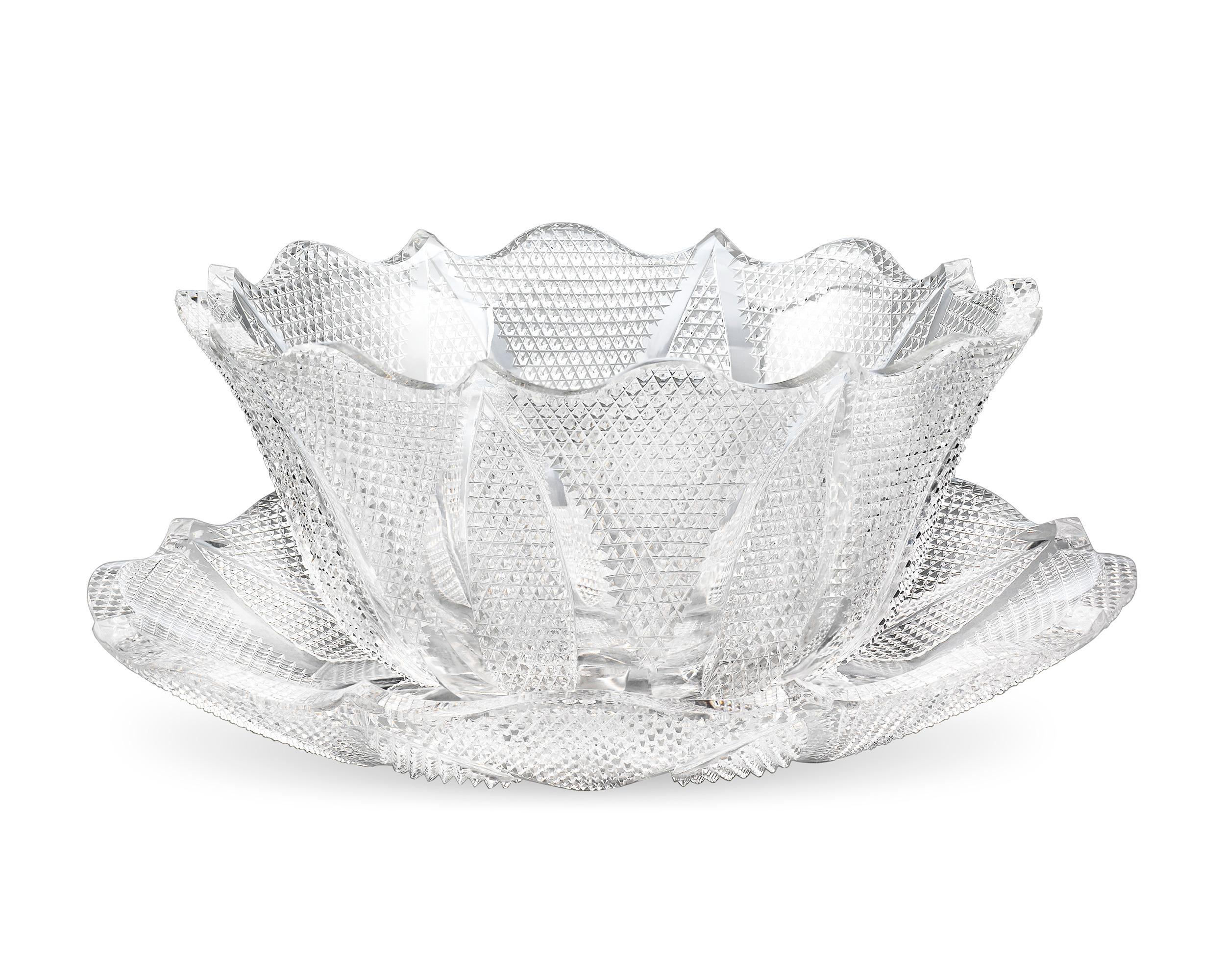 Comprised of a platter and serving bowl, this incredibly intricate salad set was crafted in the desirable Delphos pattern by the Libbey Glass Company. Stunning fields of diamonds are cut with immense precision, making this pattern one of the most