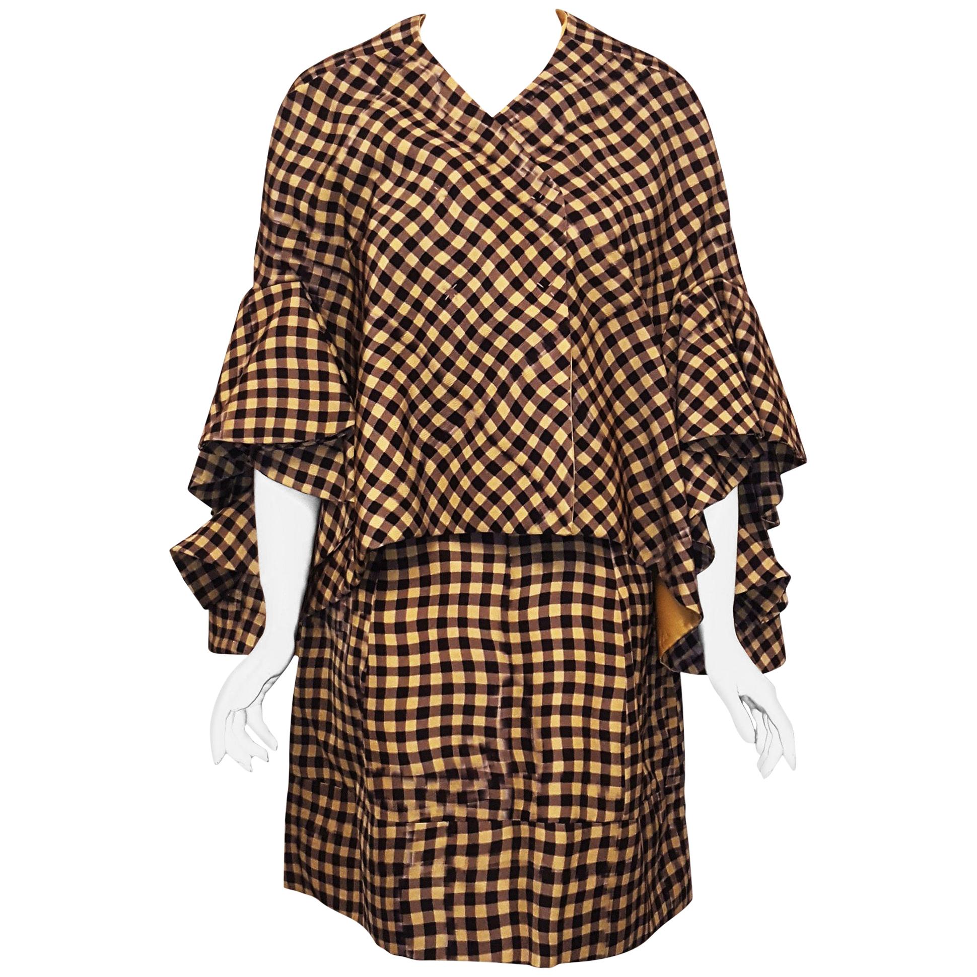 Delpozo Brown Yellow Silk Blend Check Print Jacket with Skirt Ensemble 44 EU For Sale