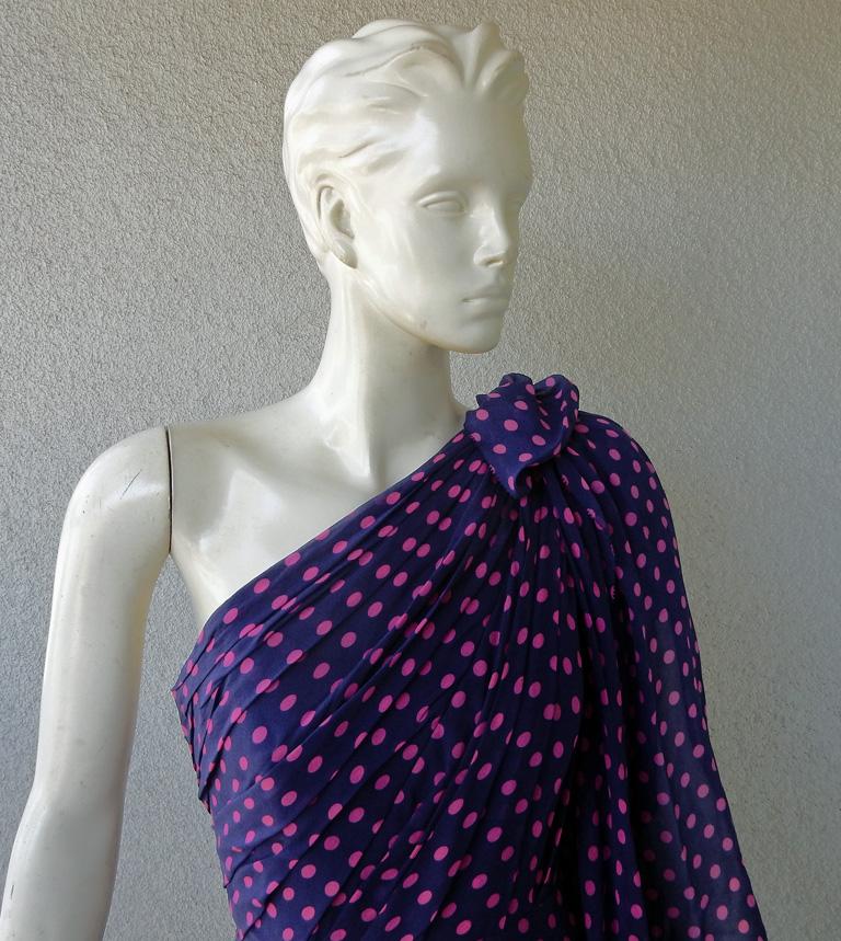 Purple Delpozo Dreamy One-Shoulder Polka Dot Dramatic Silk Chiffon Gown For Sale
