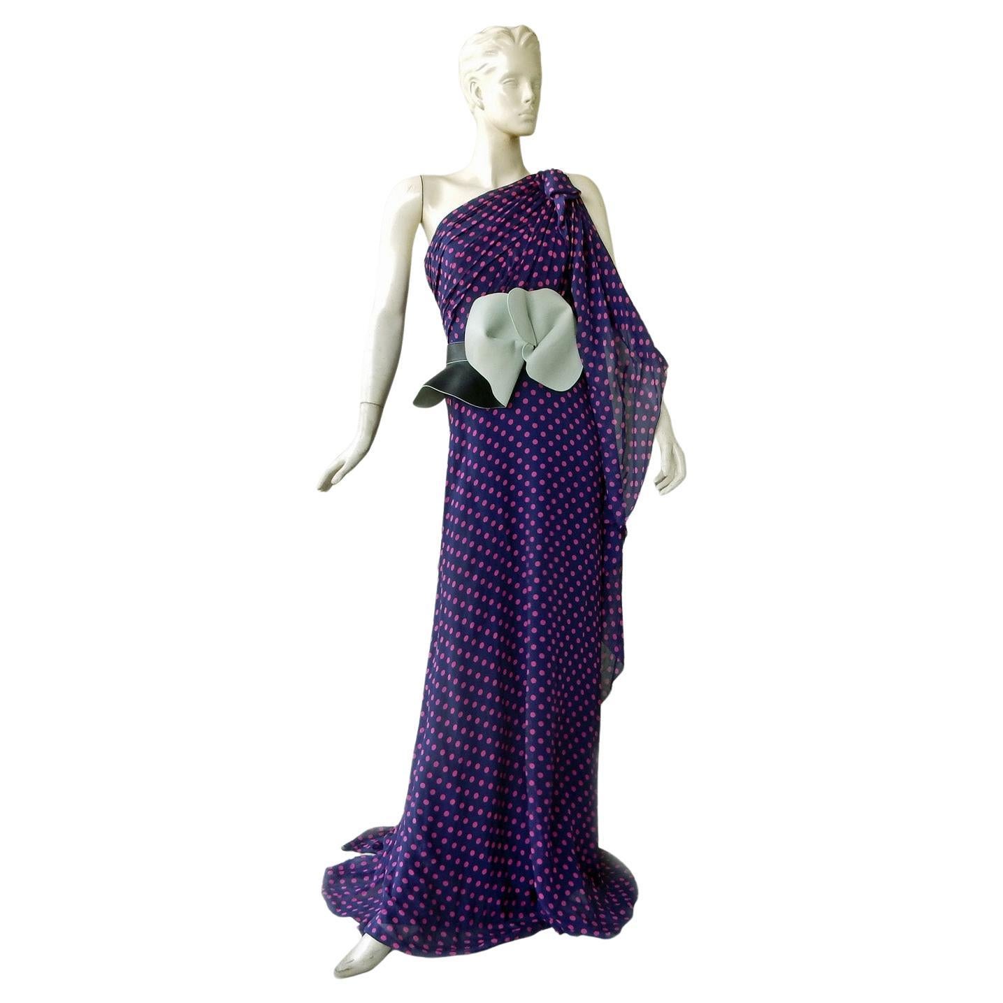 Delpozo Dreamy One-Shoulder Polka Dot Dramatic Silk Chiffon Gown For Sale