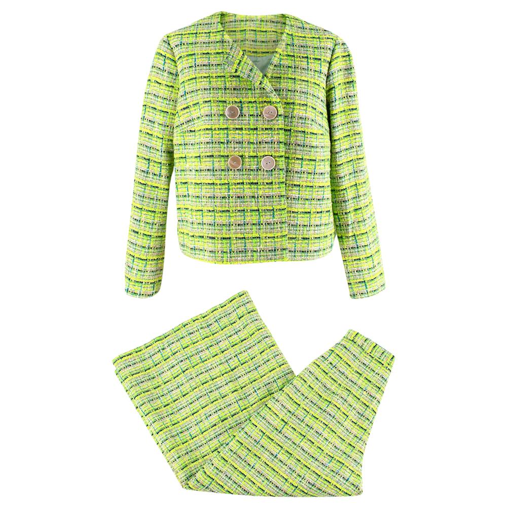  Delpozo Lime Green Woven Jacket and Trouser Suit - Size XS/S For Sale