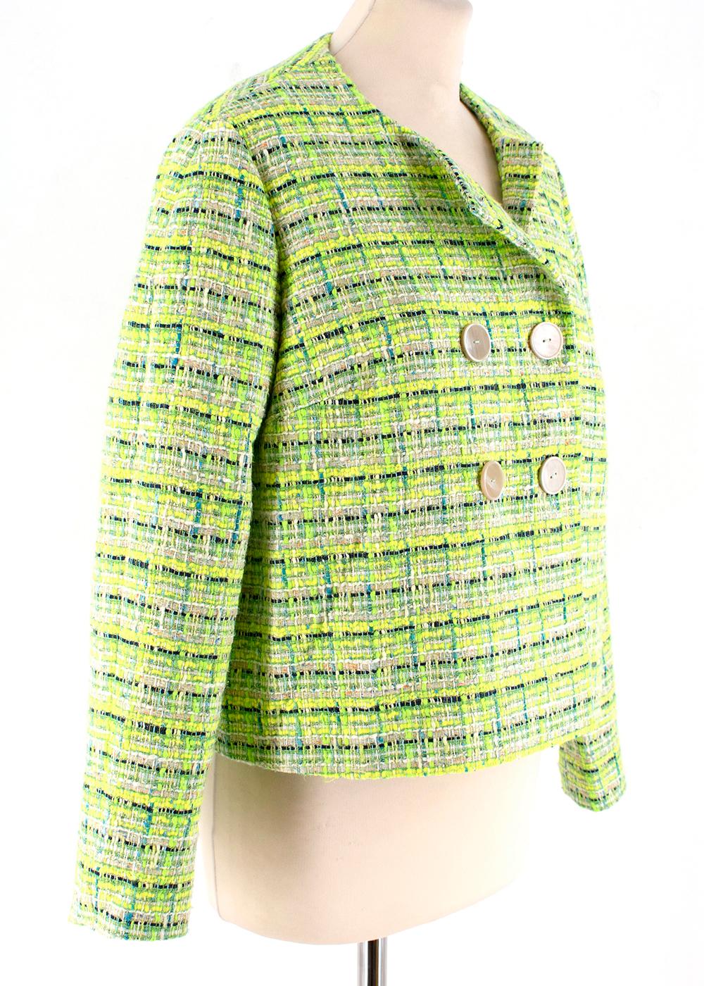 Delpozo Lime Green Woven Jacket and Trouser Set

- Pile weave design
- Double breasted
- Fully lined
- Structured but unpadded shoulders
- Wide pleated leg
- Reinforced waistband 
- Hidden side zipper
- Slit side pockets

Materials:
Wool Blend 
Silk