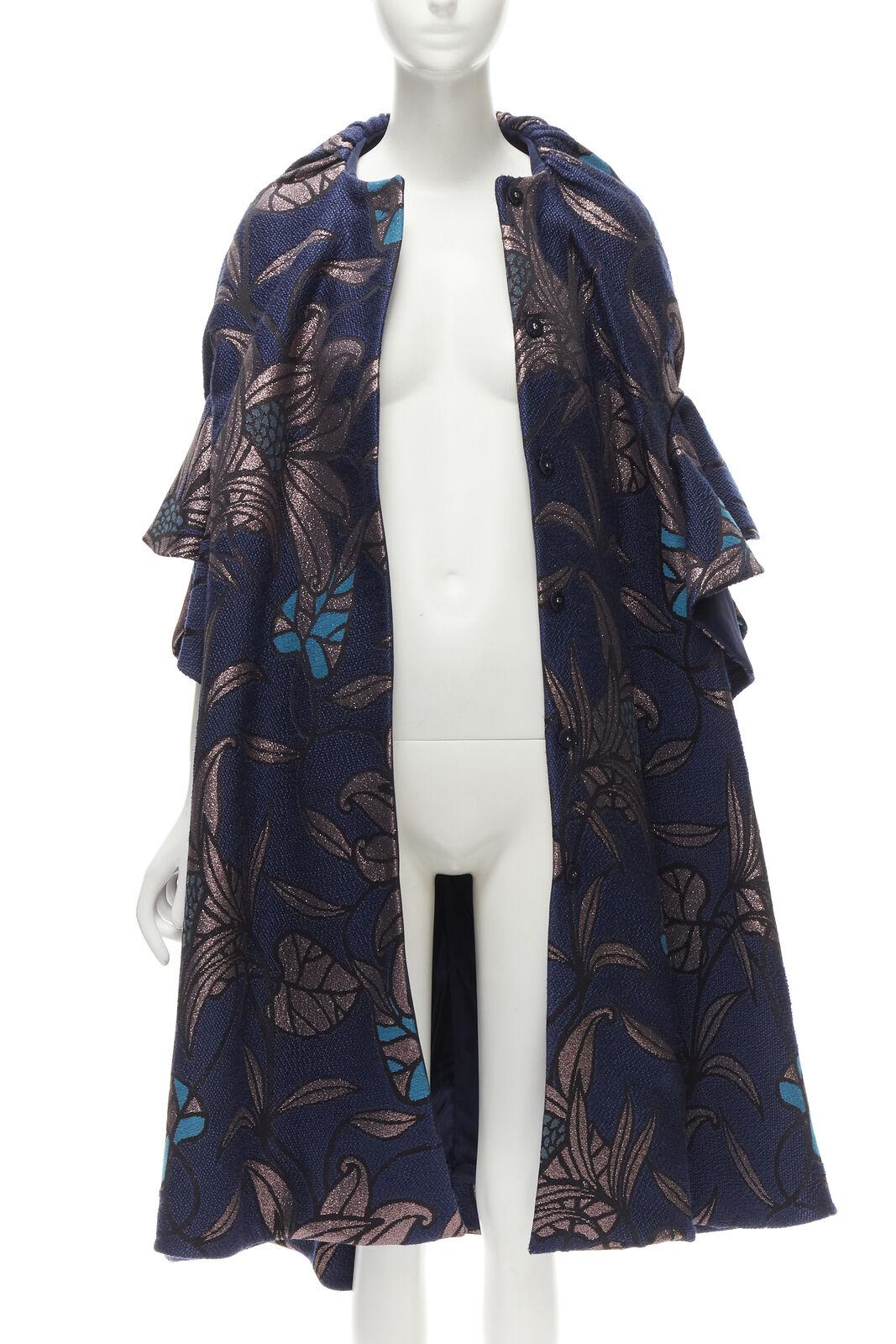 DELPOZO navy bluemetallic floral jacquard ruffled oversized cape coat FR34 XS In Excellent Condition In Hong Kong, NT
